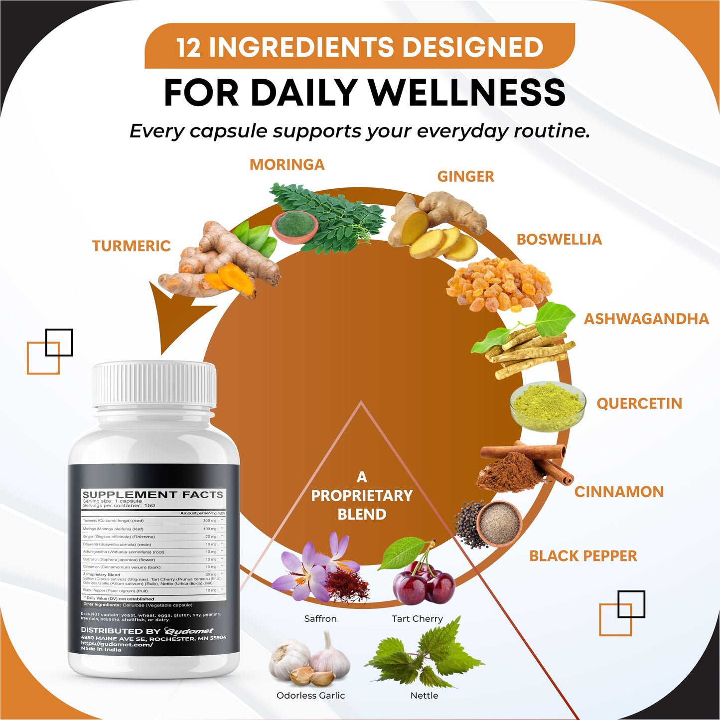 GUDOMET Turmeric Moringa Ginger Boswellia Quercetin Cinnamon Saffron Tart Cherry Odorless Garlic Nettle 150 Capsules