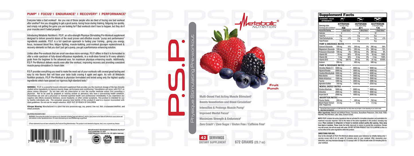 Metabolic Nutrition P.S.P. Physique Stimulating PreWorkout Powder 23.7 Fruit Punch