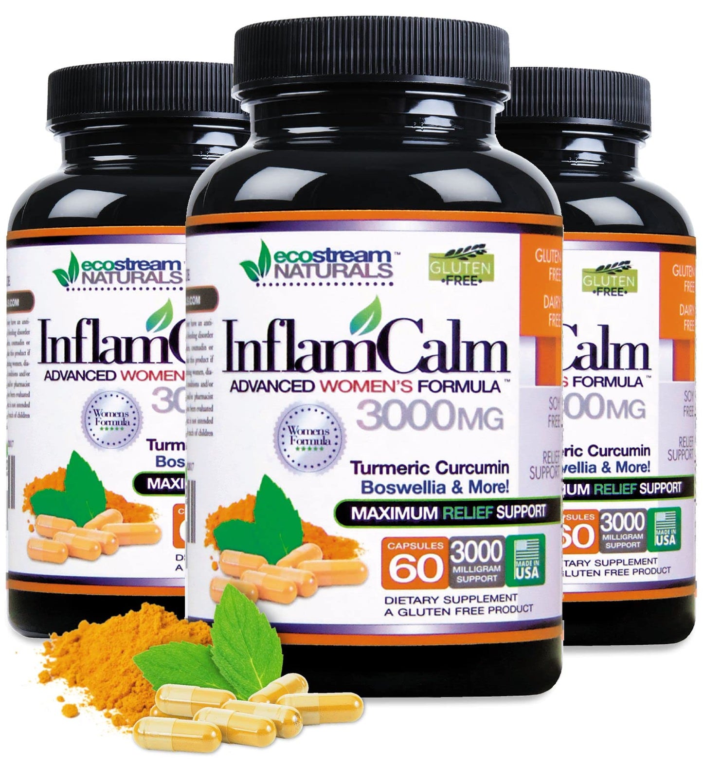 ecostream Naturals Women's Formula 3000 InflamCalm Advanced with Turmeric, Curcumin, Enzymes and Boswellia, 60 Capsules