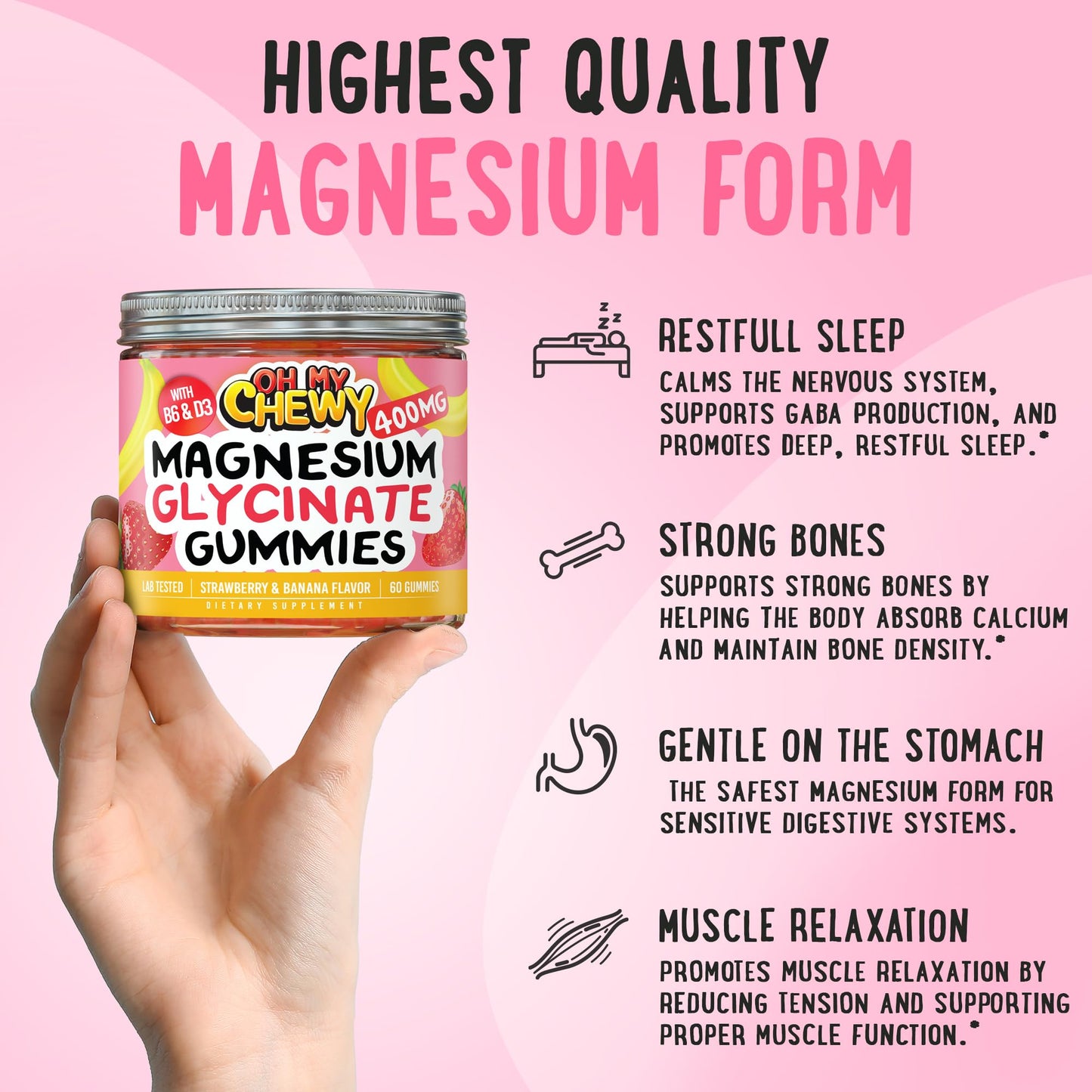 OH MY CHEWY Magnesium + D3K2 Gummies Bundle – 2 Bottles (60 Each) – Strawberry Banana & Apple Kiwi, 120 Gummies