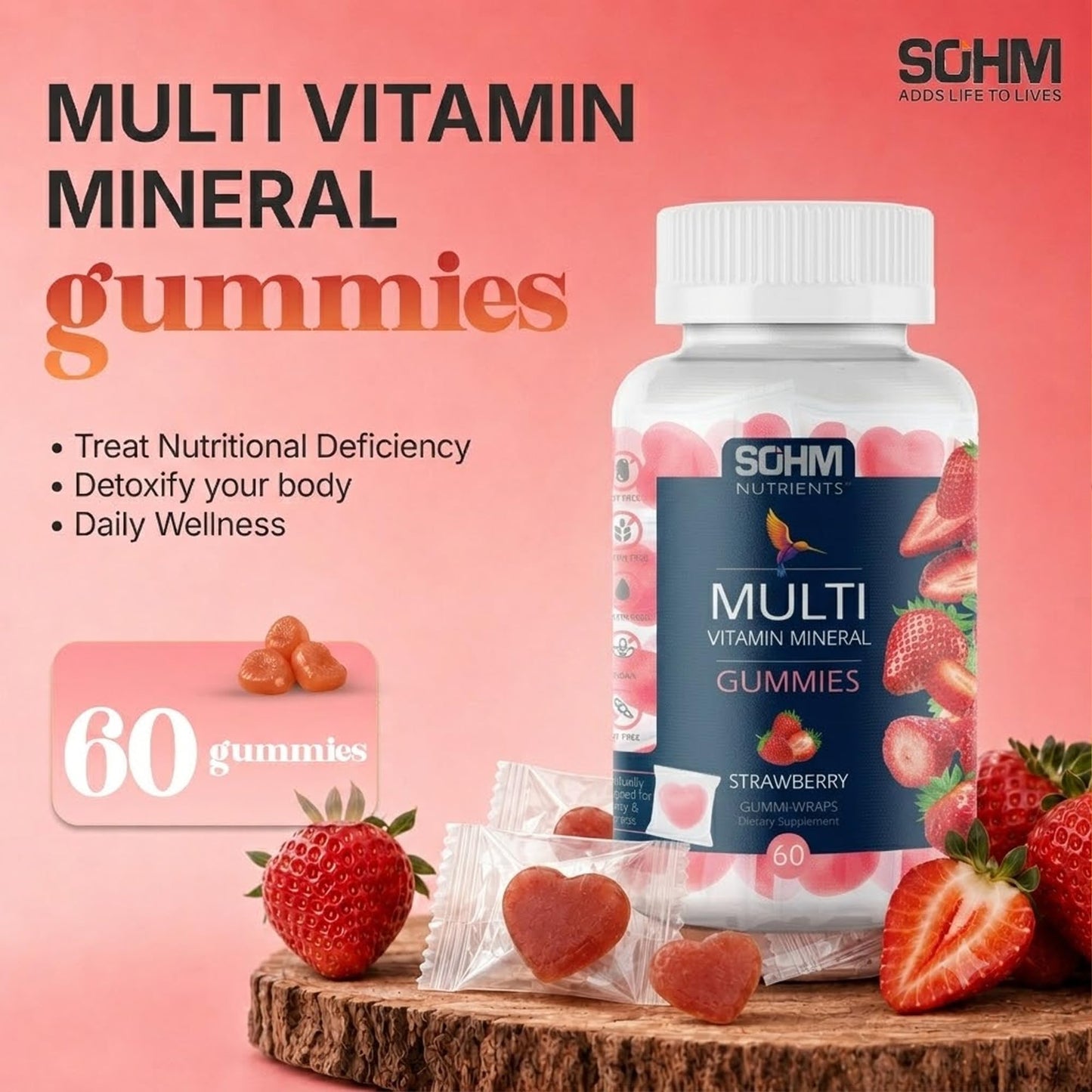 SOHM ADDS LIFE TO LIVES Multivitamin Gummies for Men & Women, Gummy, 60 Count