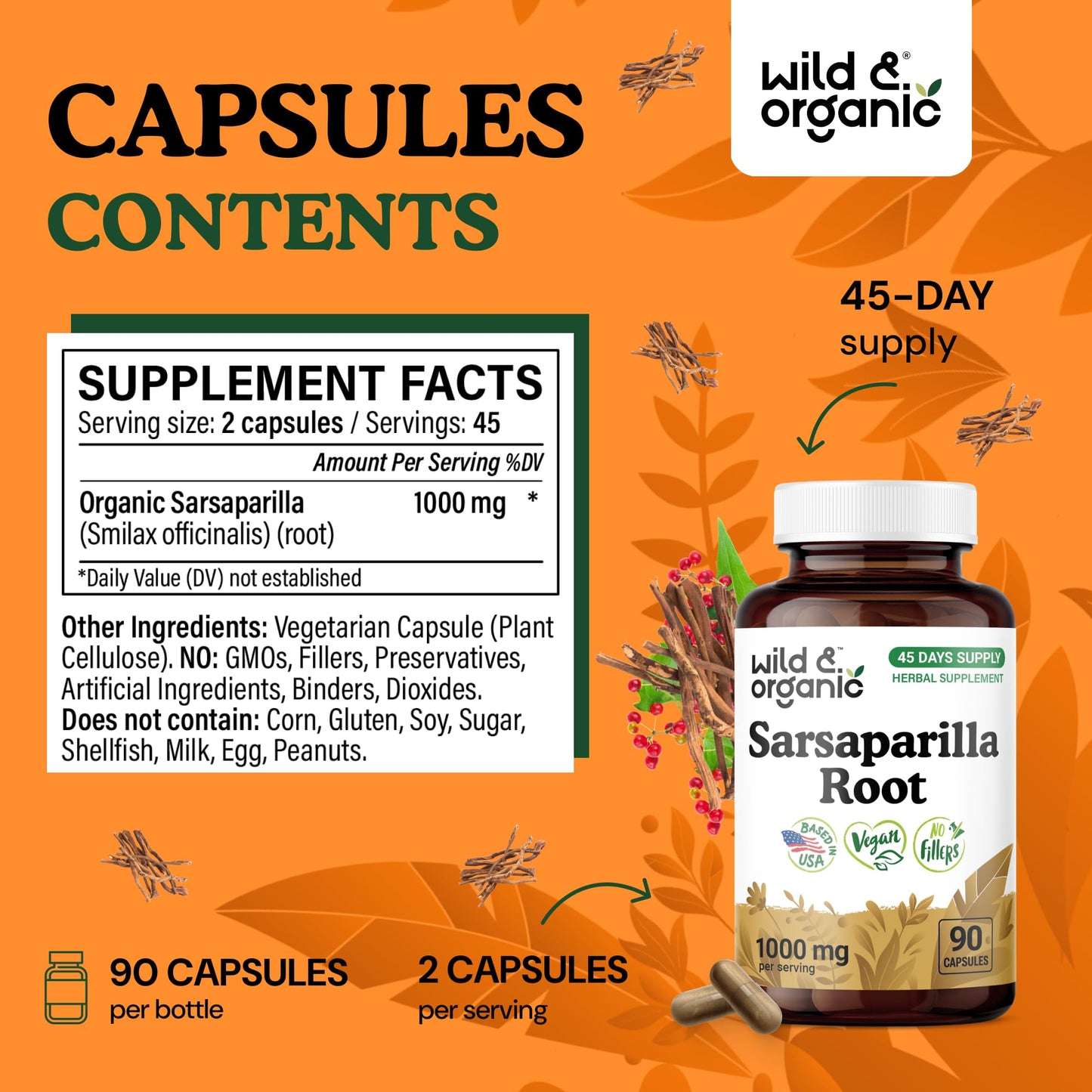 Wild & Organic Sarsaparilla Root Capsules 90 Capsules