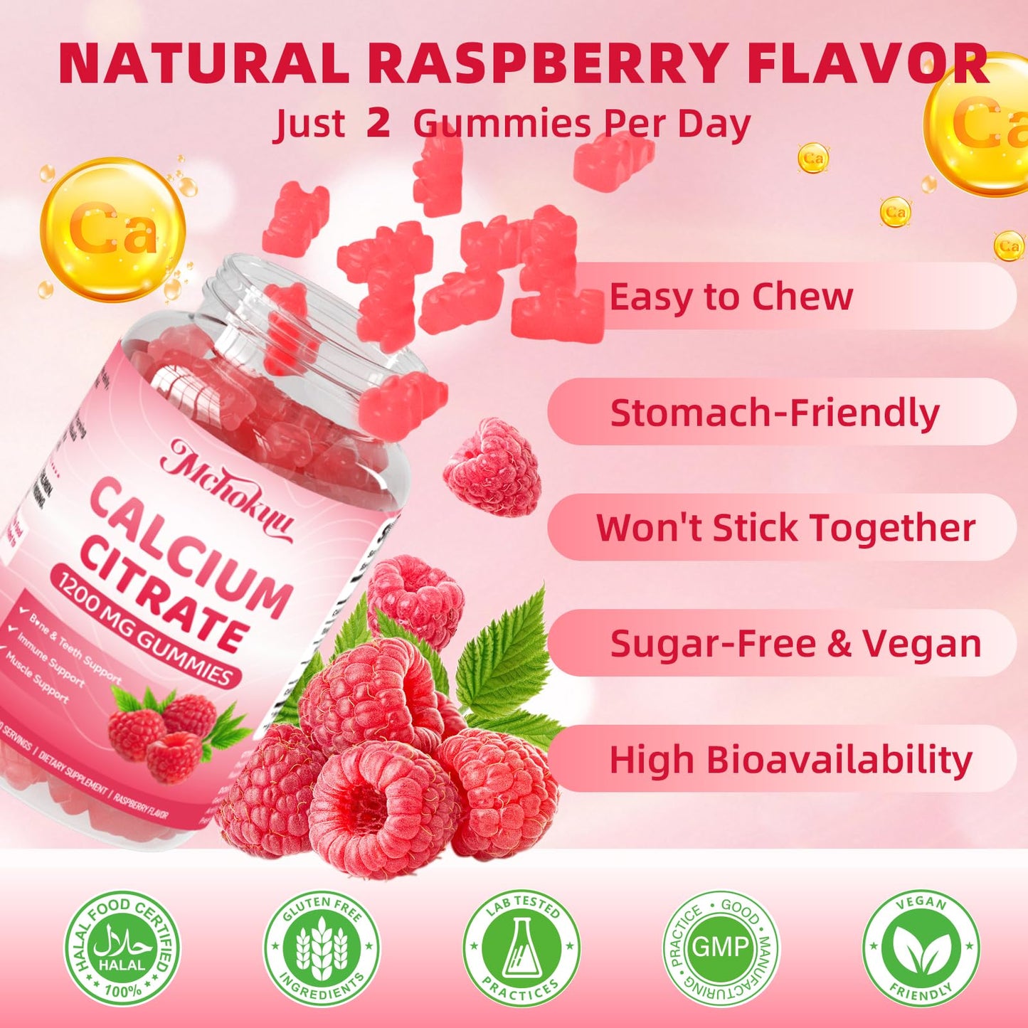 Mchokuu Calcium Citrate Gummies 1200mg Chewable Calcium Supplement for Women & Men, Supports Bone, Muscle & Immune Health, Sugar-Free, Non-GMO, Gluten-Free, Natural Raspberry Flavor, 60 Gummies