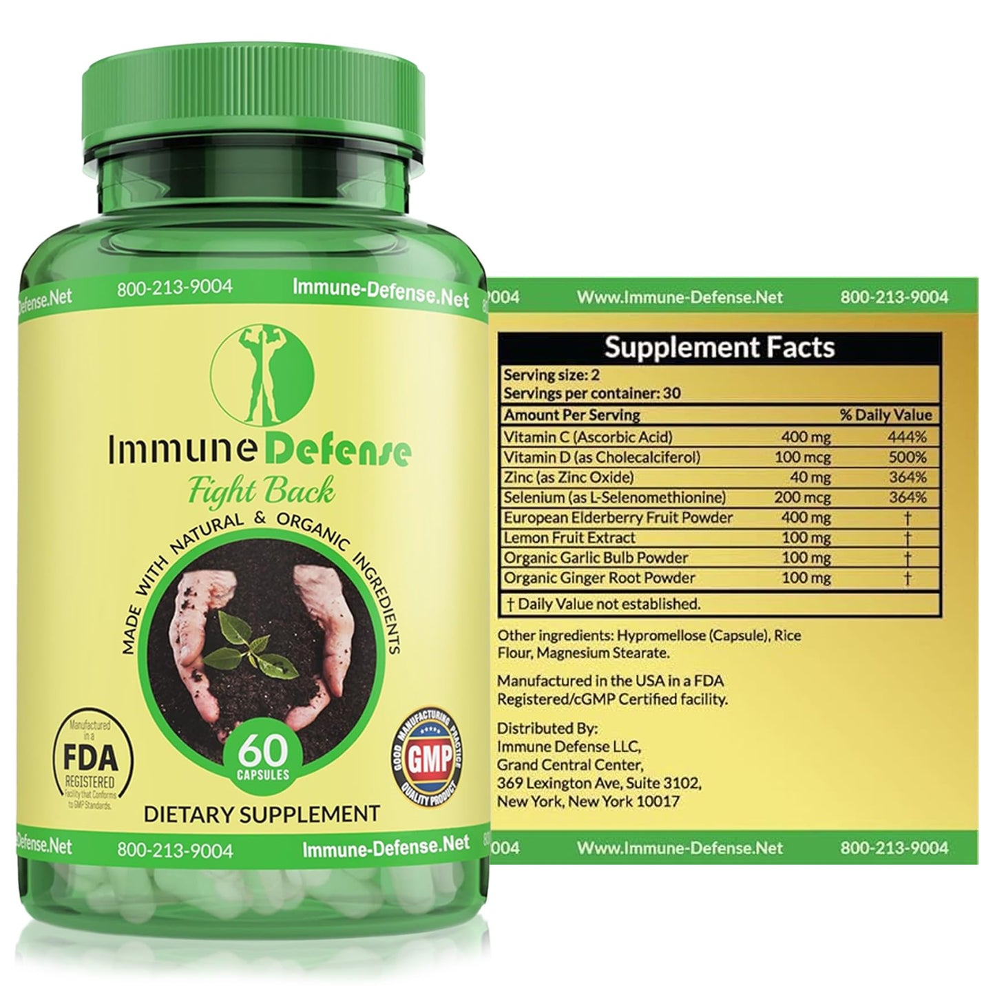 Immune Defense Immune Support Supplement with Vitamin C & Vitamin D, Garlic, Ginger, Lemon, Elderberry, Selenium & Zinc, 60 Capsules