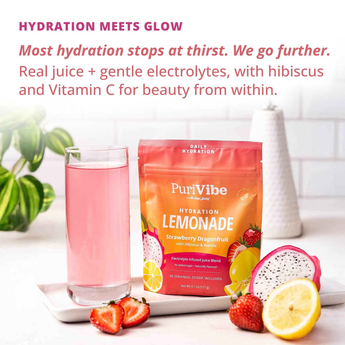 All About Juicing PuriVibe Hydration Lemonade Electrolyte Strawberry Dragonfruit Powder 4.1 oz
