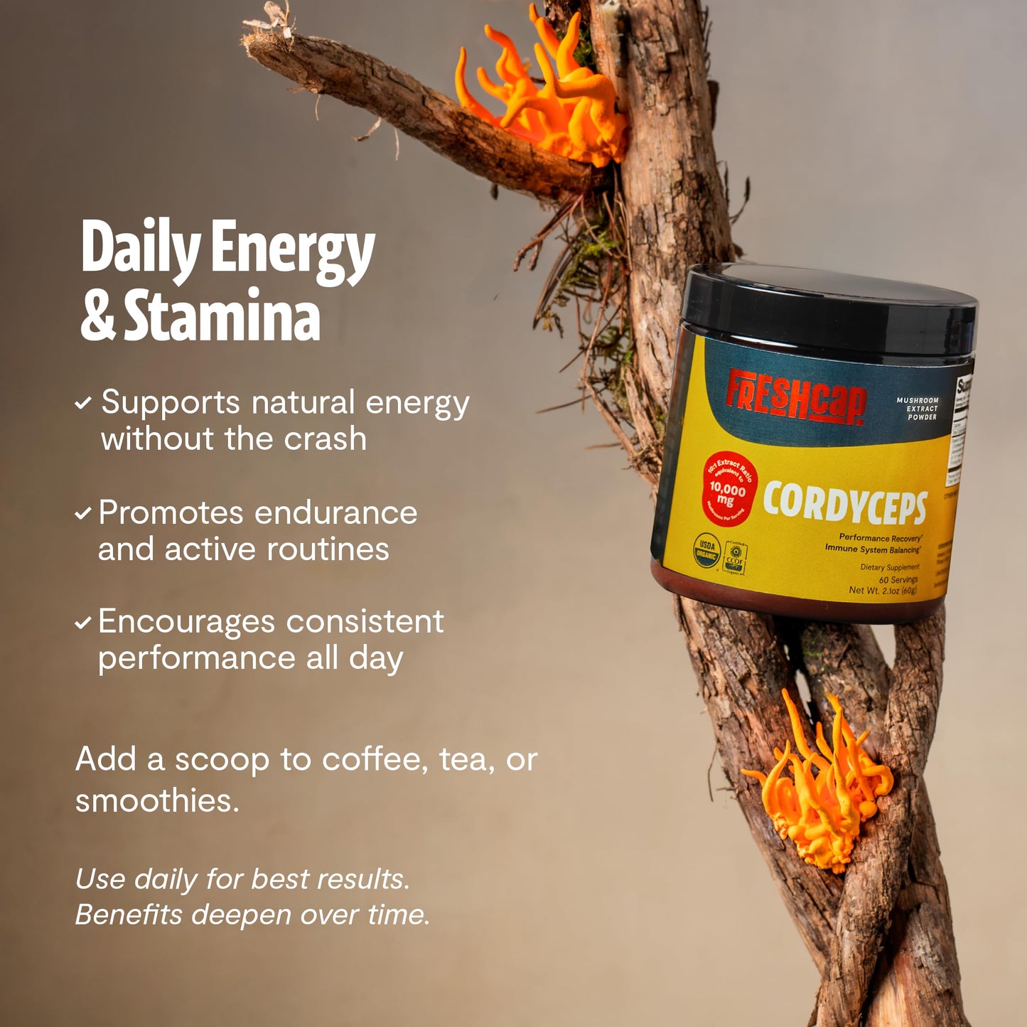 FreshCap Mushrooms Premium Organic Cordyceps Powder 60 Servings