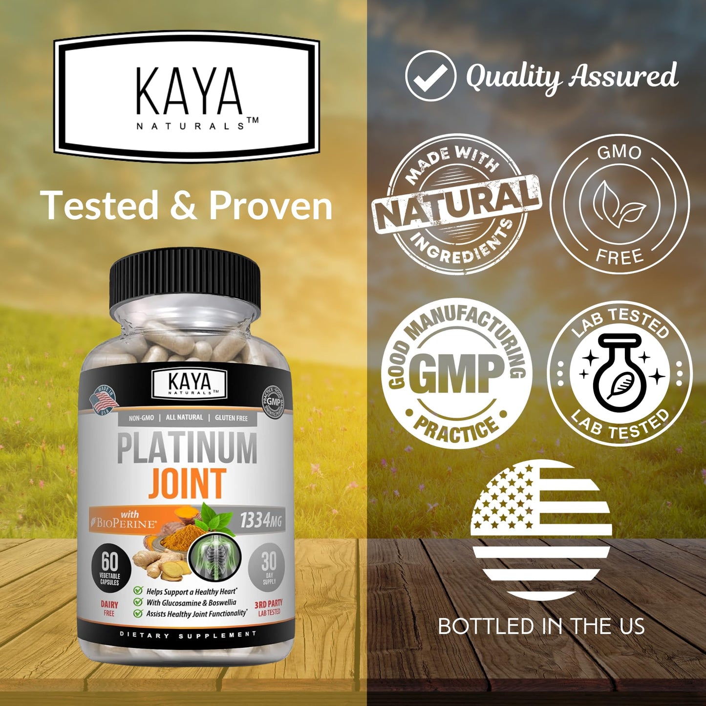 Kaya Naturals Platinum Turmeric Curcumin 1334mg with Boswellia and Glucosamine Bioperine Capsules, 60 Count