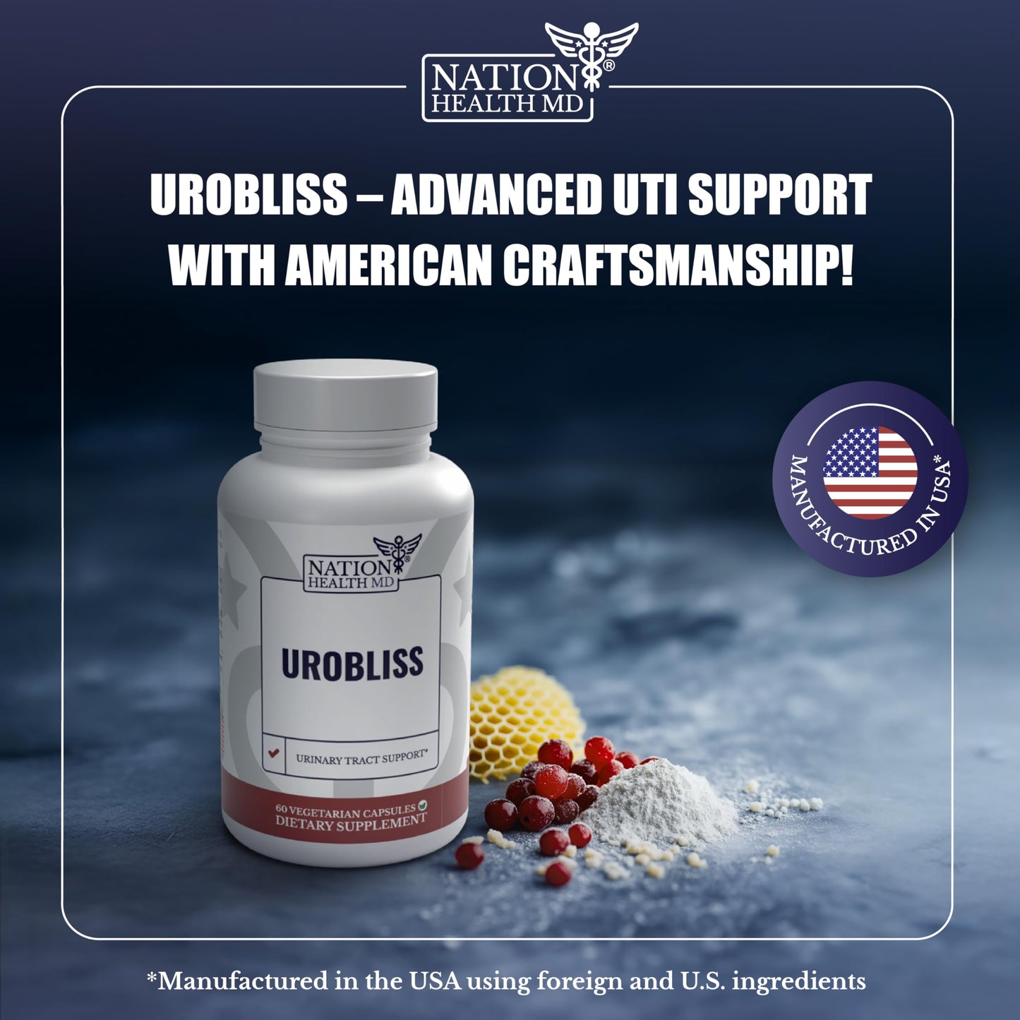 NATION HEALTH MD UroBliss UTI Supplements - D Mannose with Cranberry Extract, Propolis & Vitamin D3 - UTI Relief, Bladder Support & Urinary Tract Health for Women, 60 Capsules