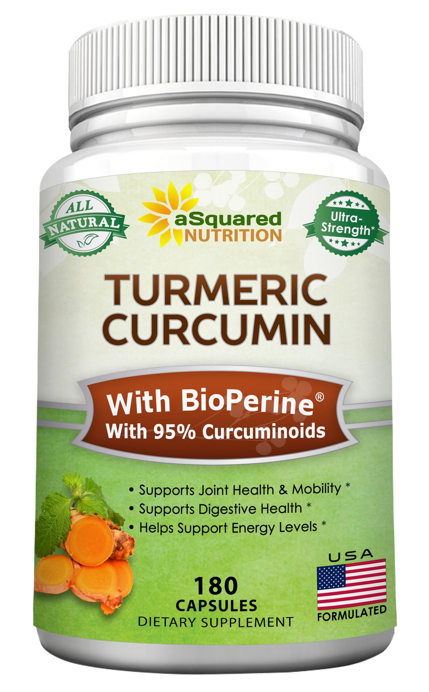 aSquared Nutrition Turmeric Curcumin 1600mg with BioPerine Black Pepper Extract 180 Capsules