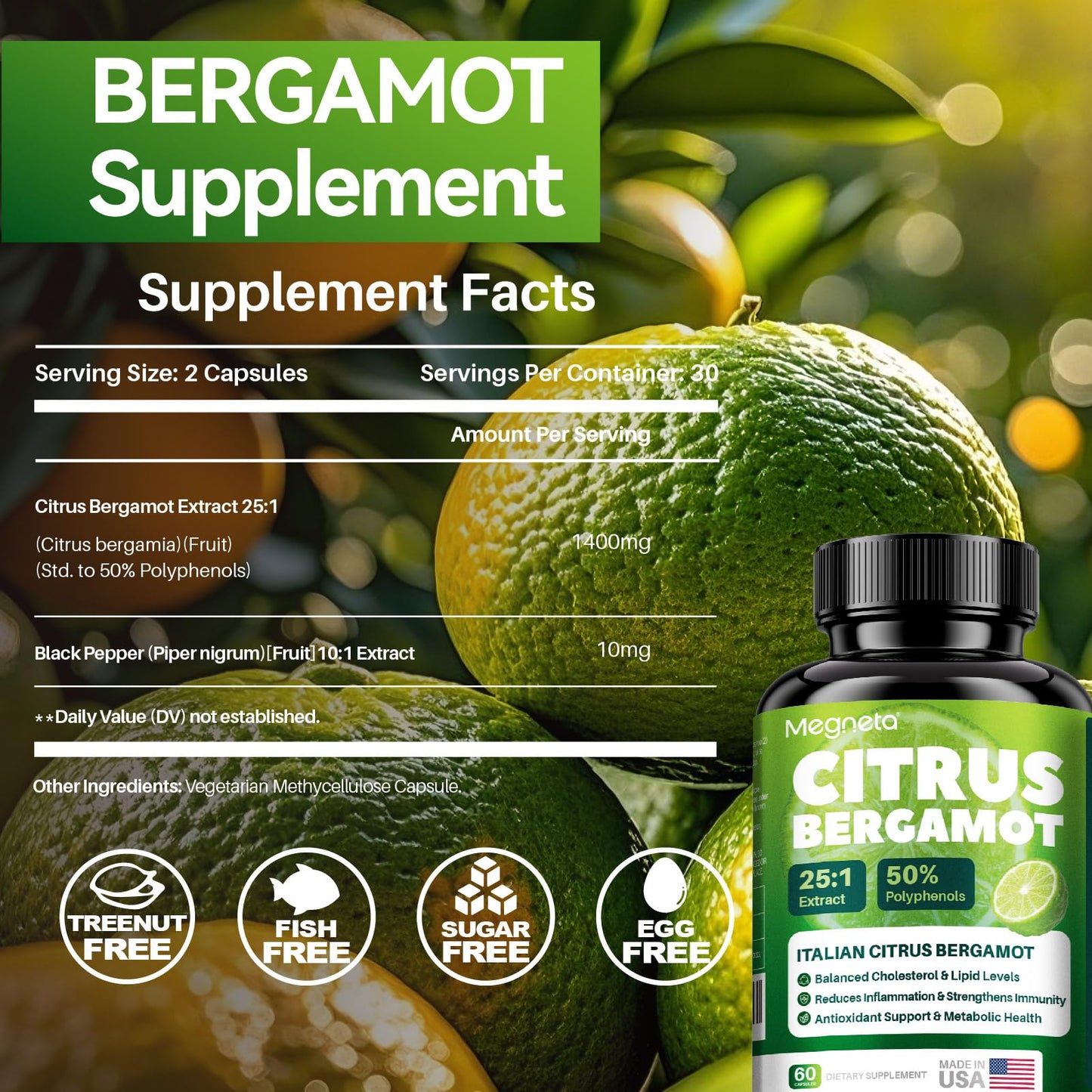 MEGNETA Citrus Bergamot Supplement – Antioxidant & Daily Wellness Support – Vegan – 60 Capsules