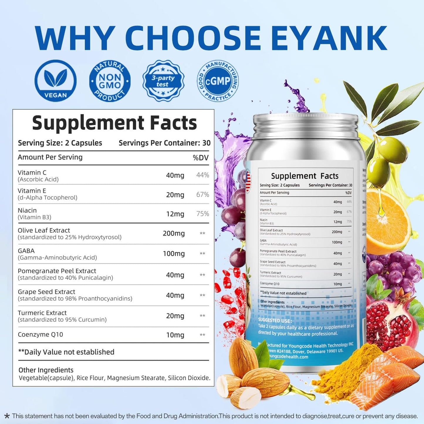 EYANK Olive Leaf Extract Supplement - 25% Hydroxytyrosol, 60 Capsules
