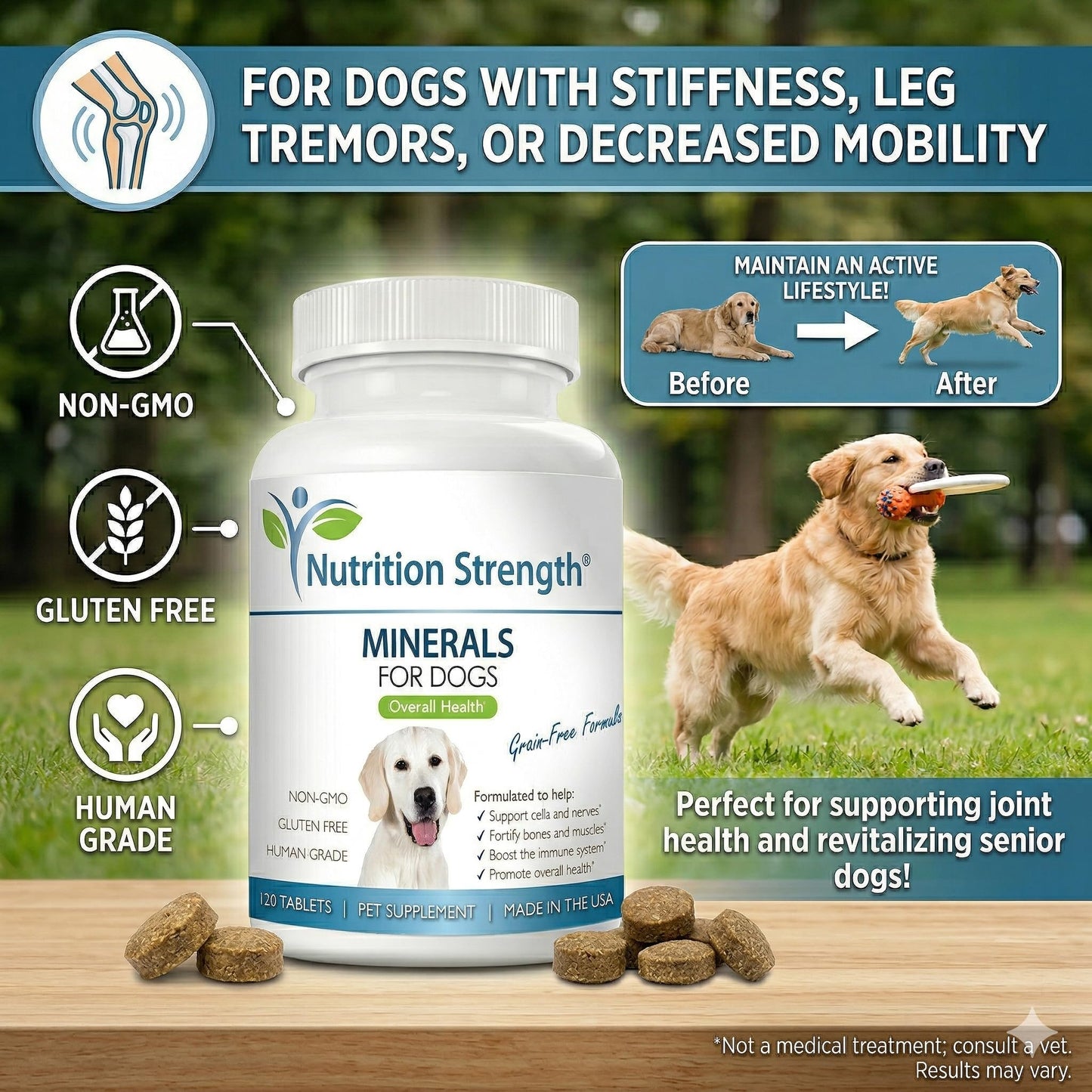 Nutrition Strength Dog Minerals & Electrolytes - Essential Raw Diet Balancer & Senior Dog Vitality Support - Calcium, Magnesium, Zinc, Iron & Selenium for Bone, Muscle & Nerve Health, 120 Tablets