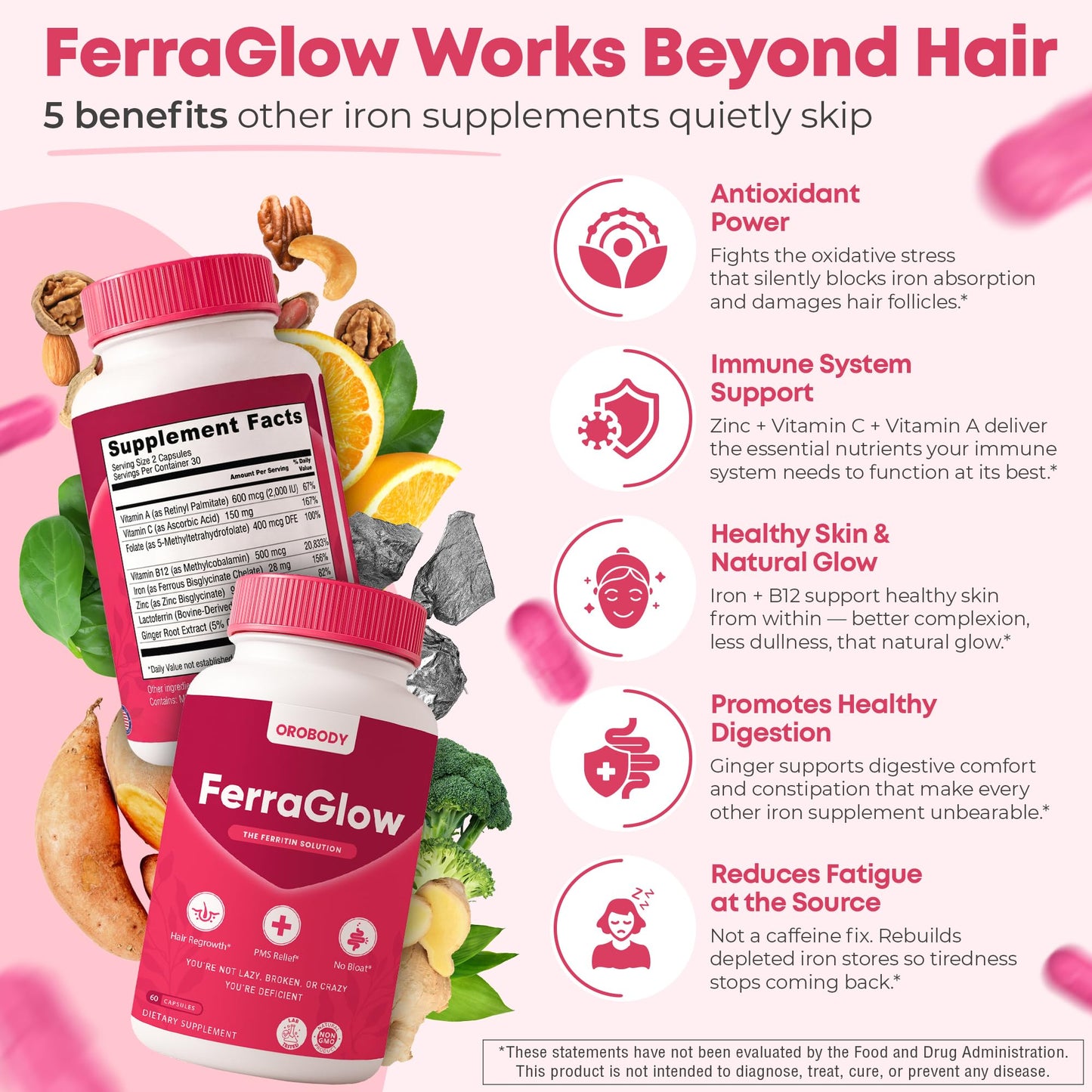 Orobody FerraGlow Gentle Iron Supplement for Women 25mg Iron Bisglycinate + Lactoferrin & Vitamin C, Supports Energy, Hair & Iron Levels, Easy on Stomach, 60 Capsules