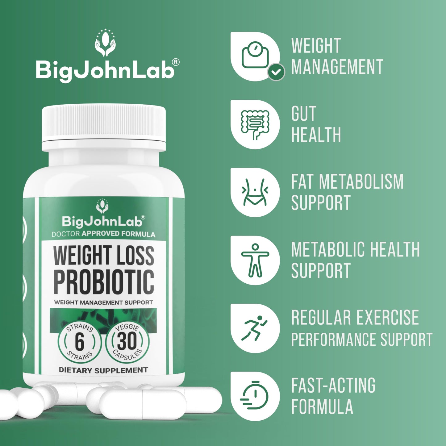 BIGJOHNLAB Probiotics for Weight Management & Bloating Capsules, 30 Capsules