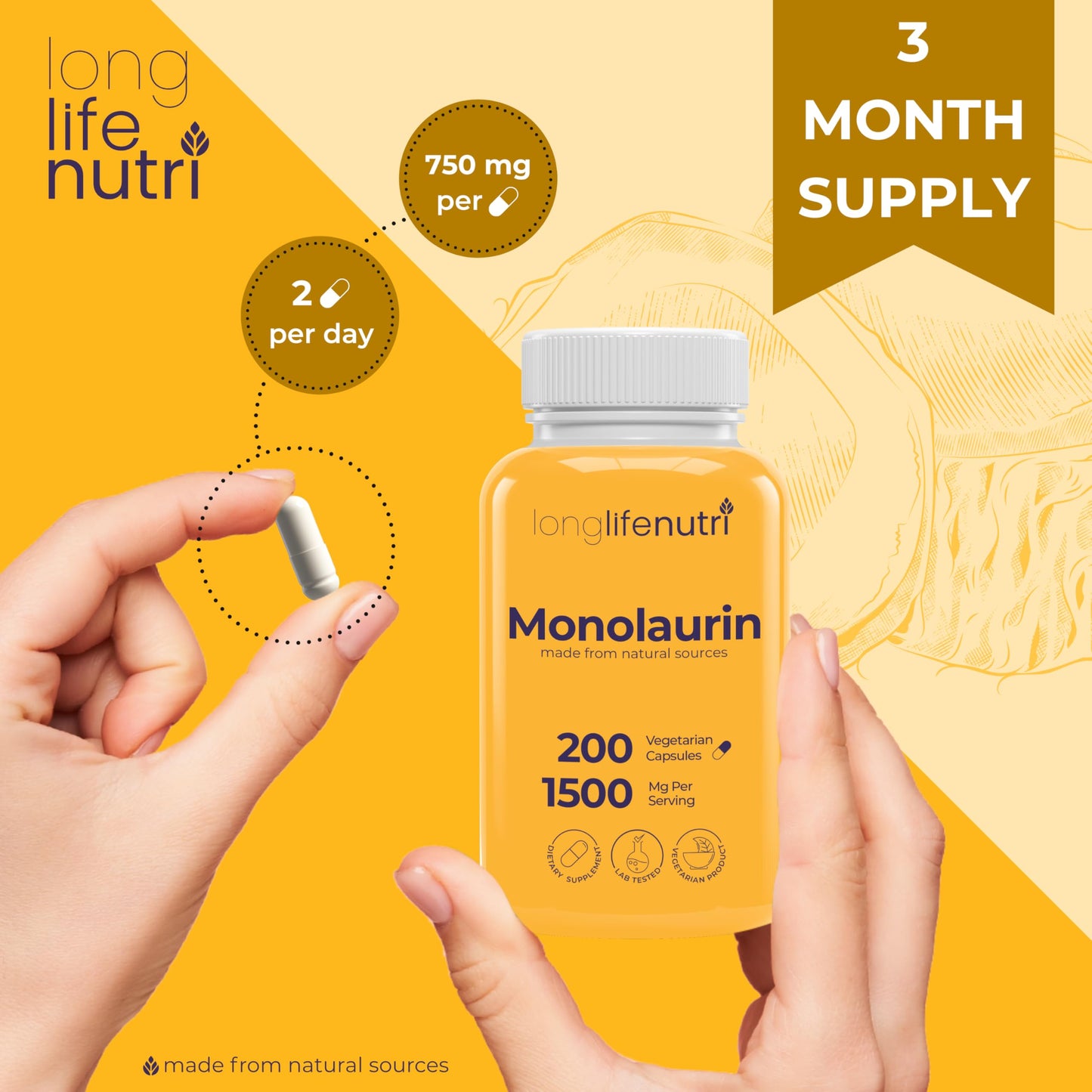 LongLifeNutri Monolaurin 1500mg Capsule 200 Count
