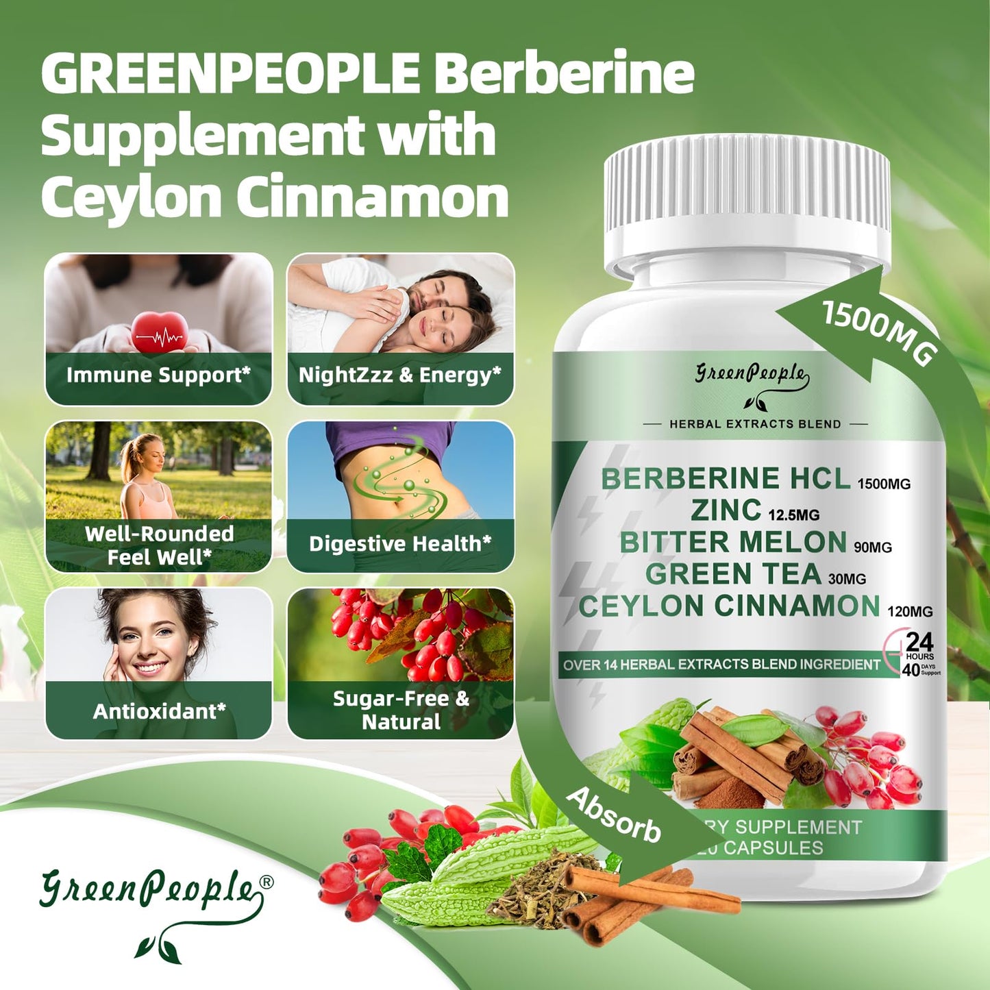 GREENPEOPLE Berberine 1500mg Capsules with Ceylon Cinnamon for Immune Support, 90 Count