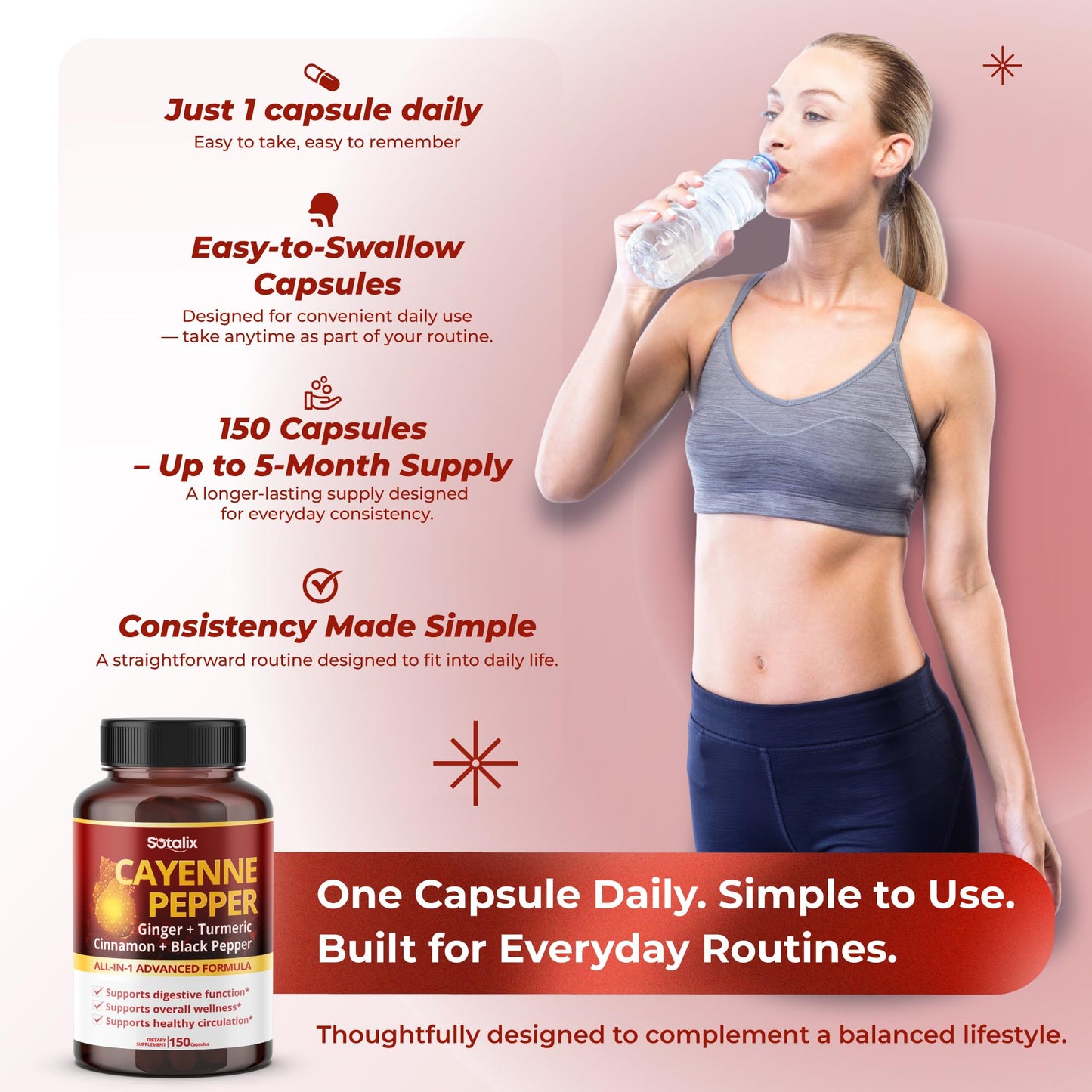 SOTALIX SUPPLEMENT Cayenne Pepper with Ginger Turmeric Cinnamon Black Pepper Digestion Support 150 Capsules