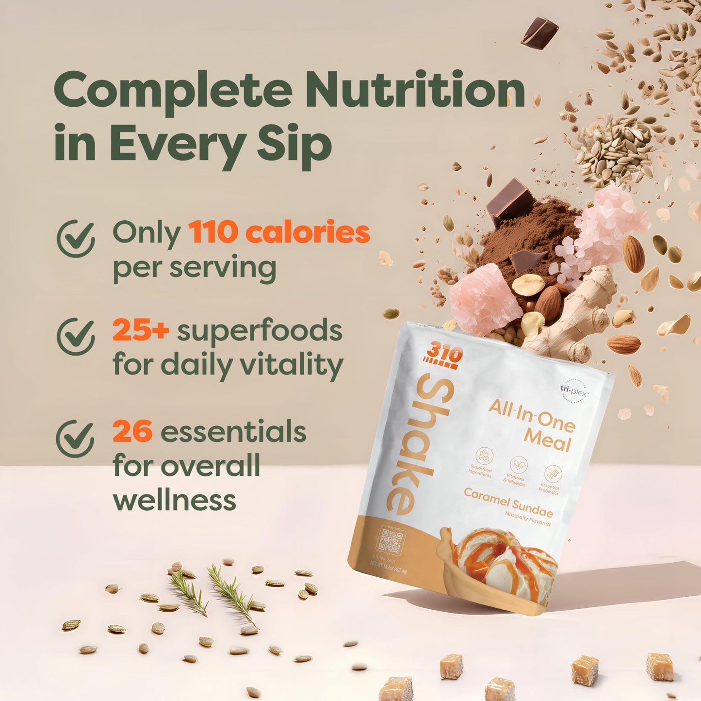310 Nutrition All-In-One Meal Replacement Shake Caramel Sundae Powder, 28
