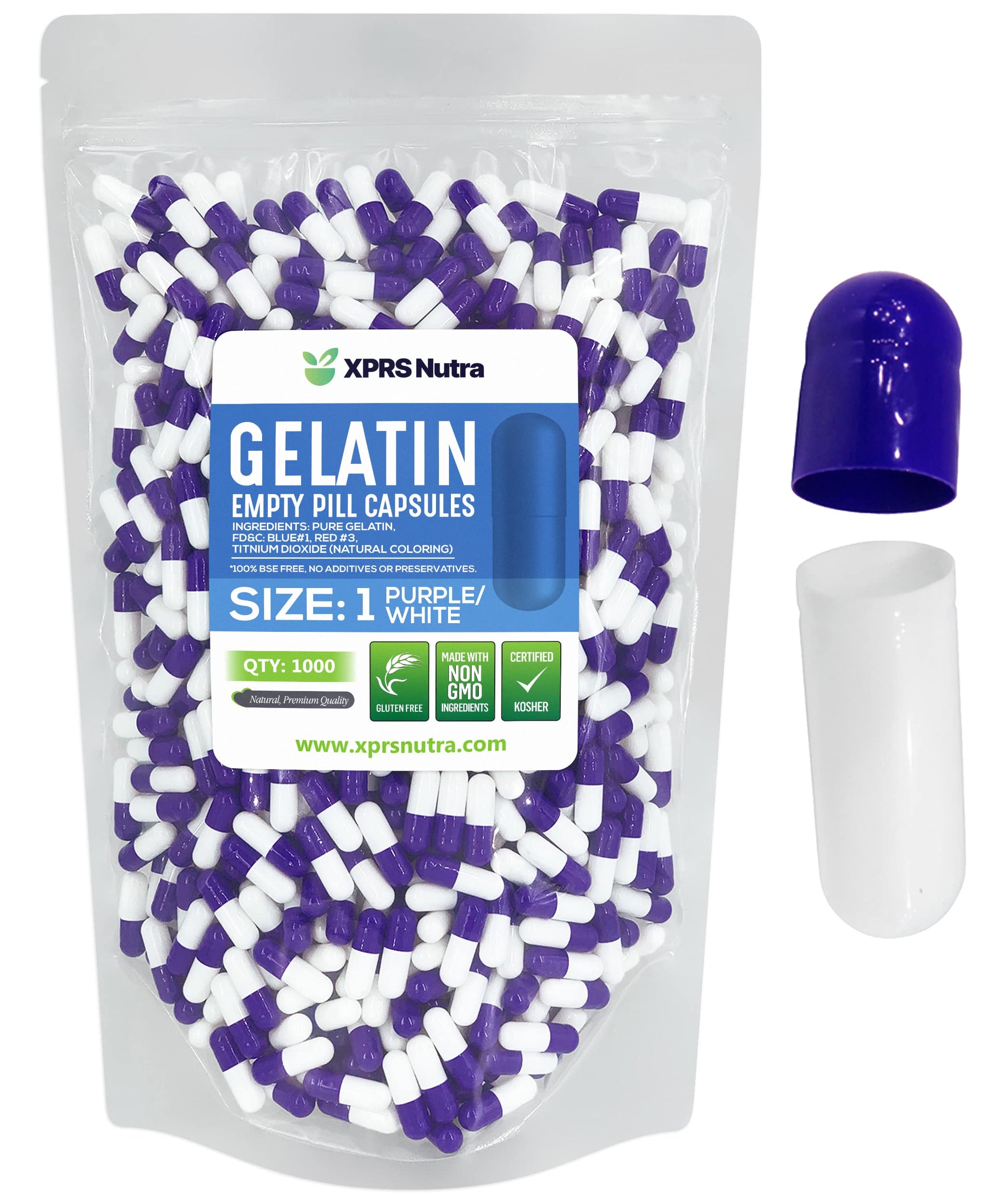 XPRS Nutra Size 1 Empty Gelatin Capsules, 1000 Count