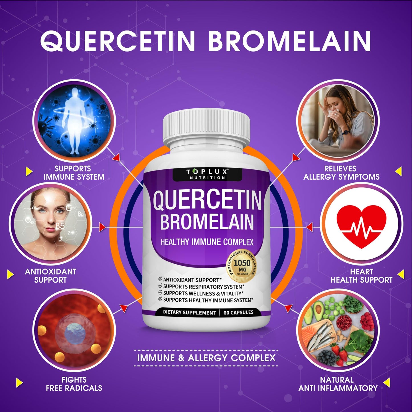 Toplux Quercetin with Bromelain and Zinc 1050mg Capsule, 60 Count