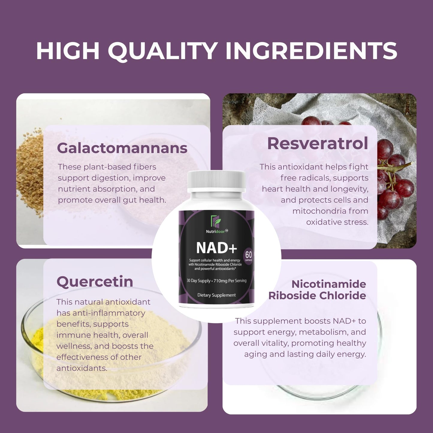 NUTRIDOOR NAD+ Booster Supplement 710mg Nicotinamide Riboside with Resveratrol & Quercetin - Anti-Aging & Energy Support, 60 Capsules