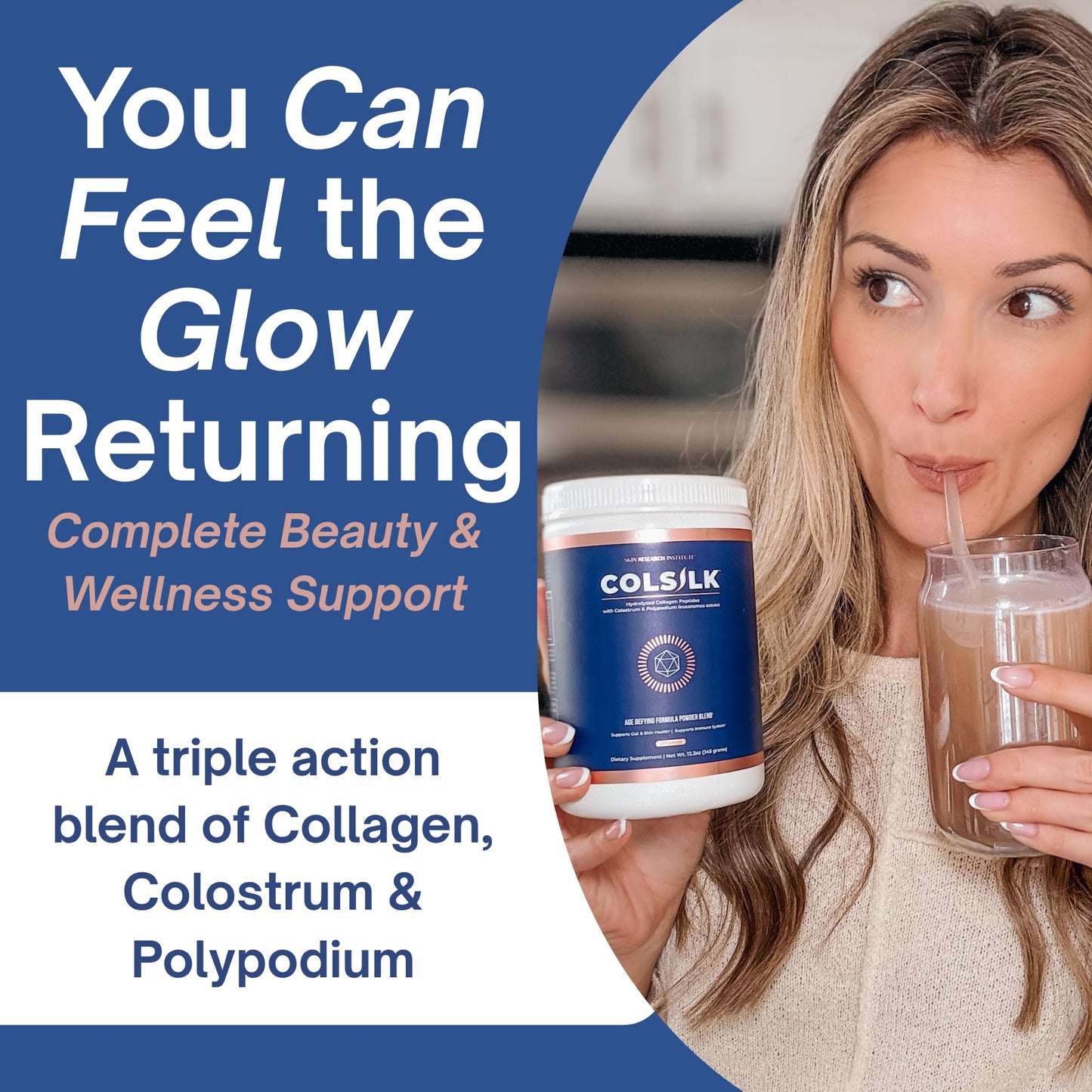 Skin Research Institute ColSilk Unflavored Hydrolyzed Collagen Powder with Colostrum and Polypodium - Skin, Hair, Nails, Gut Health and Joint Support - 12.16 oz