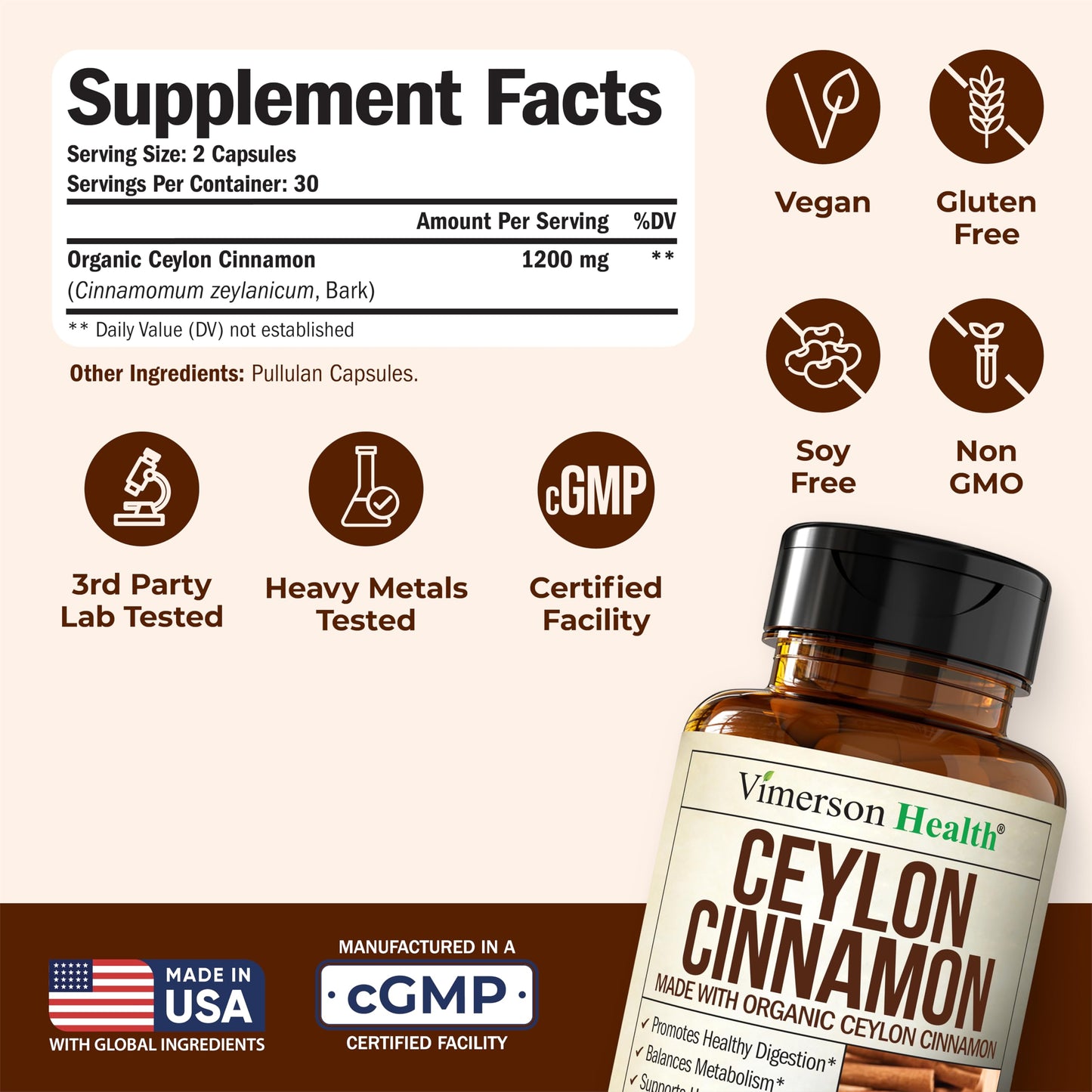 Vimerson Health Organic Ceylon Cinnamon Capsules 60 Count