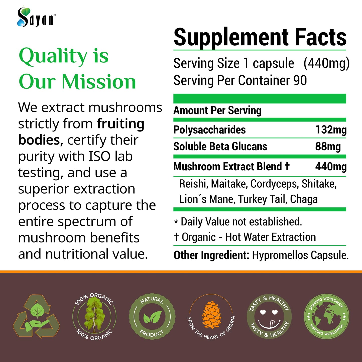 Sayan 7 Mushroom Extract 440mg Capsules, Immune Support Energy, Organic Vegan, 90 Count