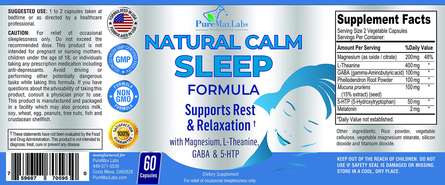 YUMMYVITE Natural Calm Sleep Aid with Magnesium, L-Theanine, Melatonin, GABA, 5-HTP Capsule, 60 Count