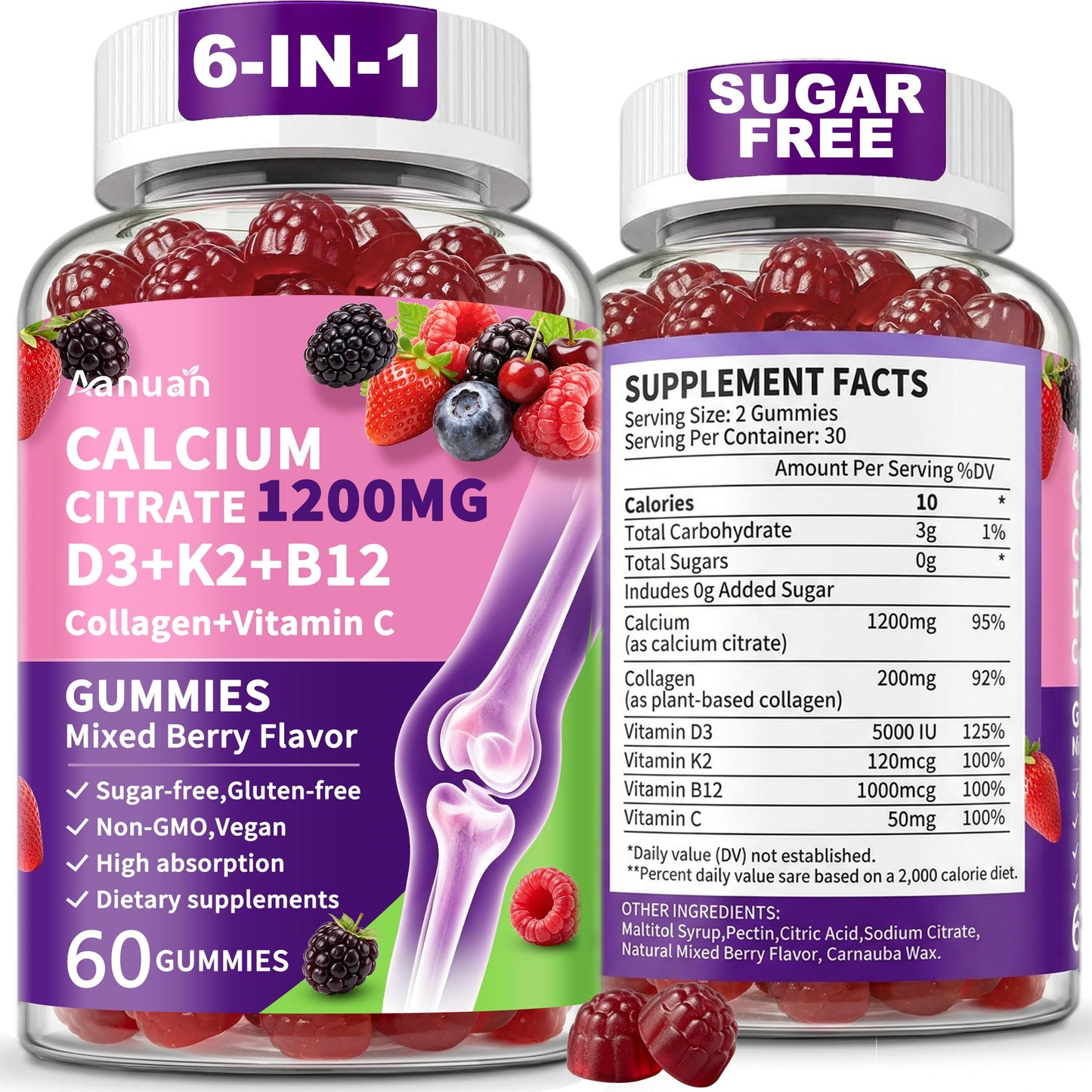Aanuan Calcium Citrate 1200 mg Gummies with Collagen, Vitamin C D3 K2 B12, 120 Gummies