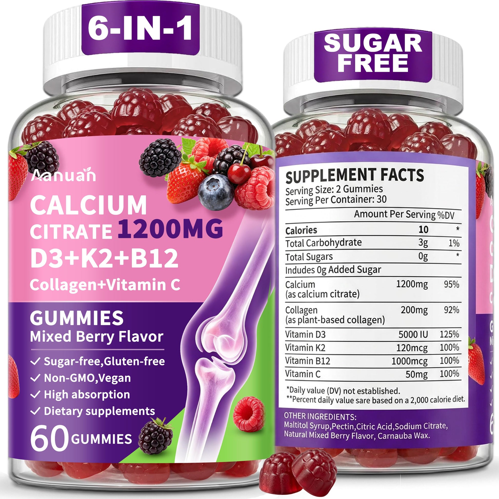 Aanuan Calcium Citrate 1200 mg Gummies with Collagen, Vitamin C D3 K2 B12, 120 Gummies