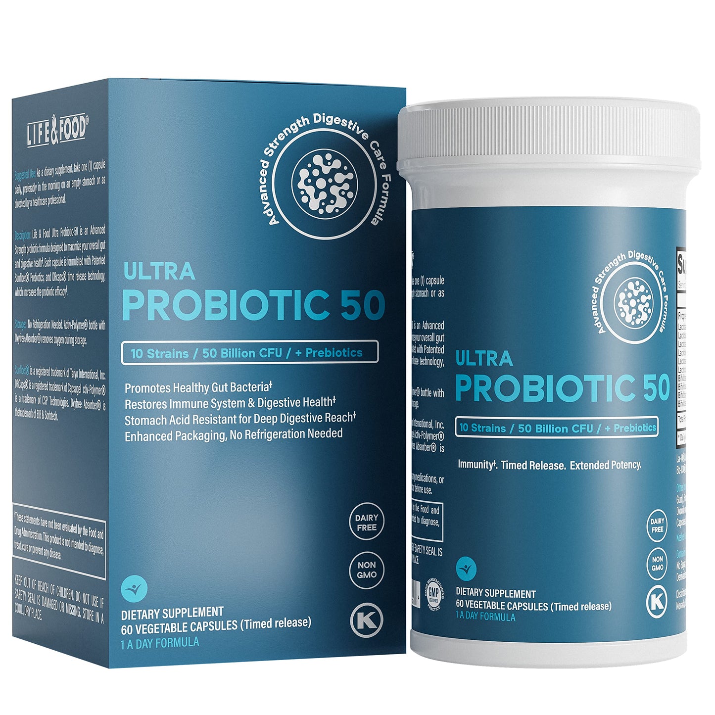 Life & Food Ultra Probiotic 50 Billion CFU with Sunfiber Prebiotics Once Daily Time Release Capsules, 60 Capsules
