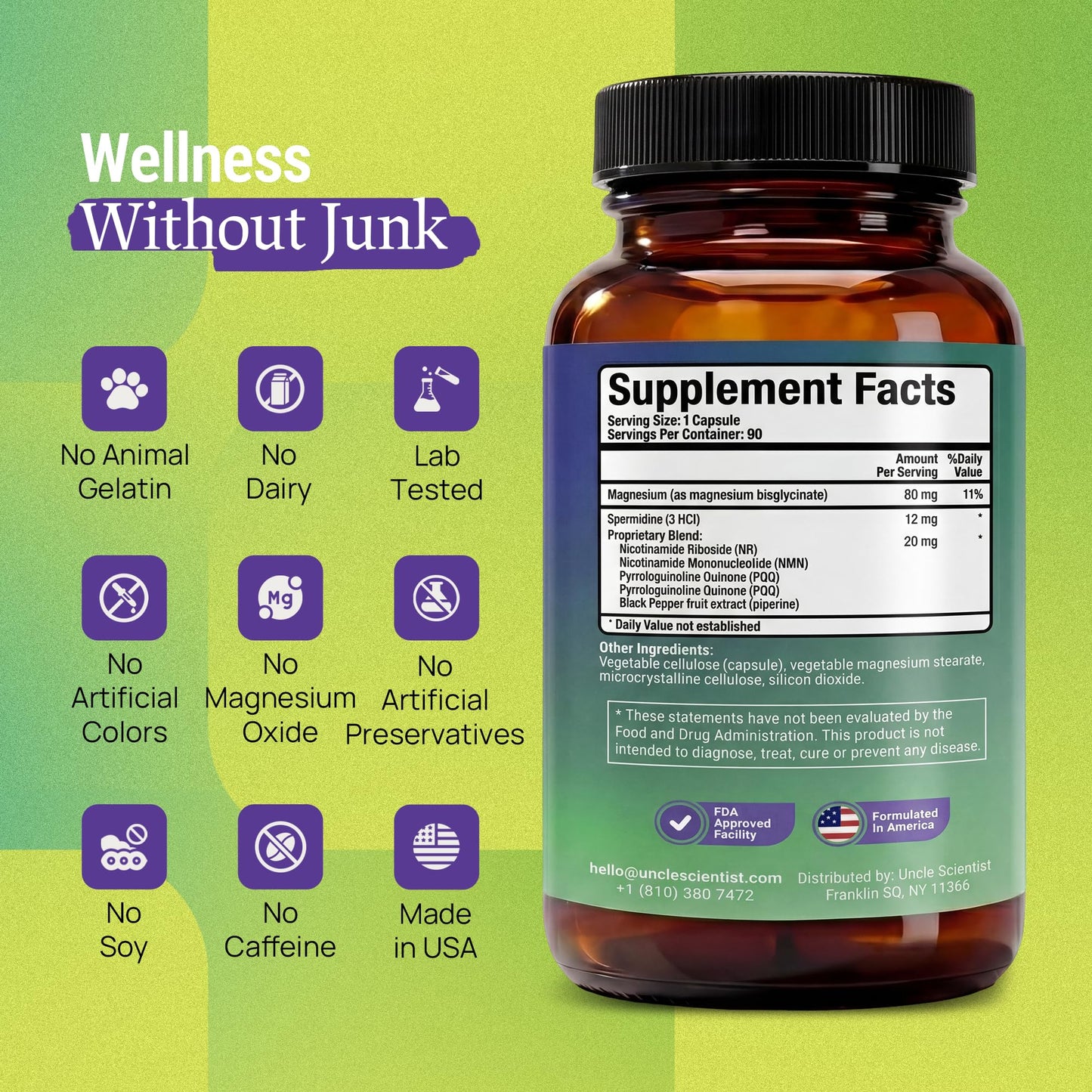 Uncle Scientist Spermidine 12 mg with Proprietary Blend, NR, NMN, PQQ, Magnesium Bisglycinate, Black Pepper, 90 Capsules