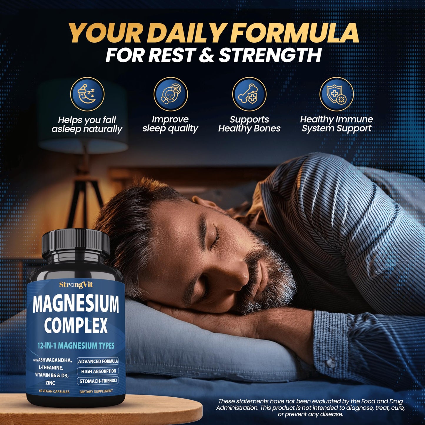StrongVit 1000mg Magnesium Complex for Women and Men, 12 in 1 Magnesium Supplement with Ashwagandha, Zinc, D3, L-theanine Capsule 60 Count