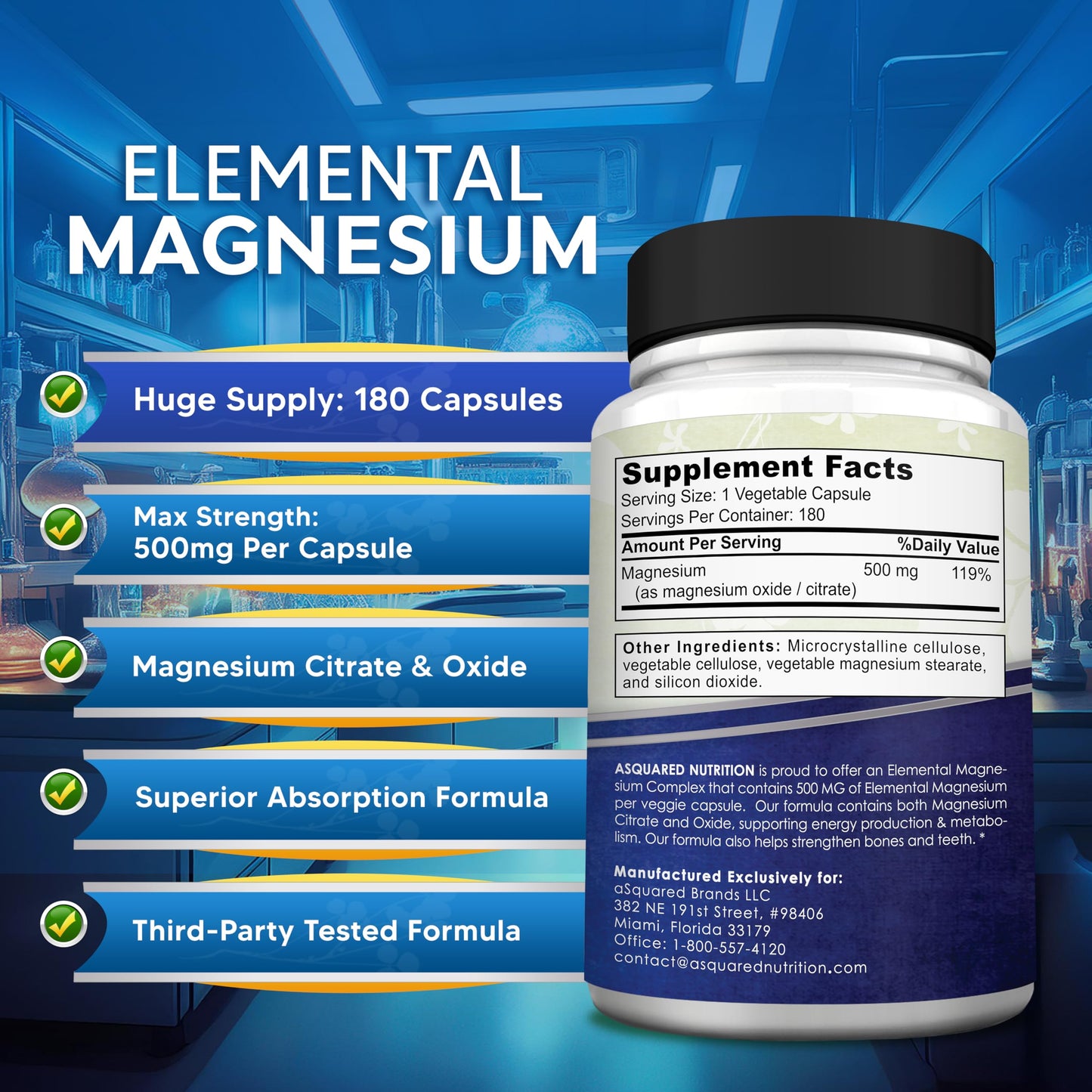 aSquared Nutrition Proprietary Magnesium 500mg – High Absorption Magnesium Citrate & Oxide Capsules, 180 Count