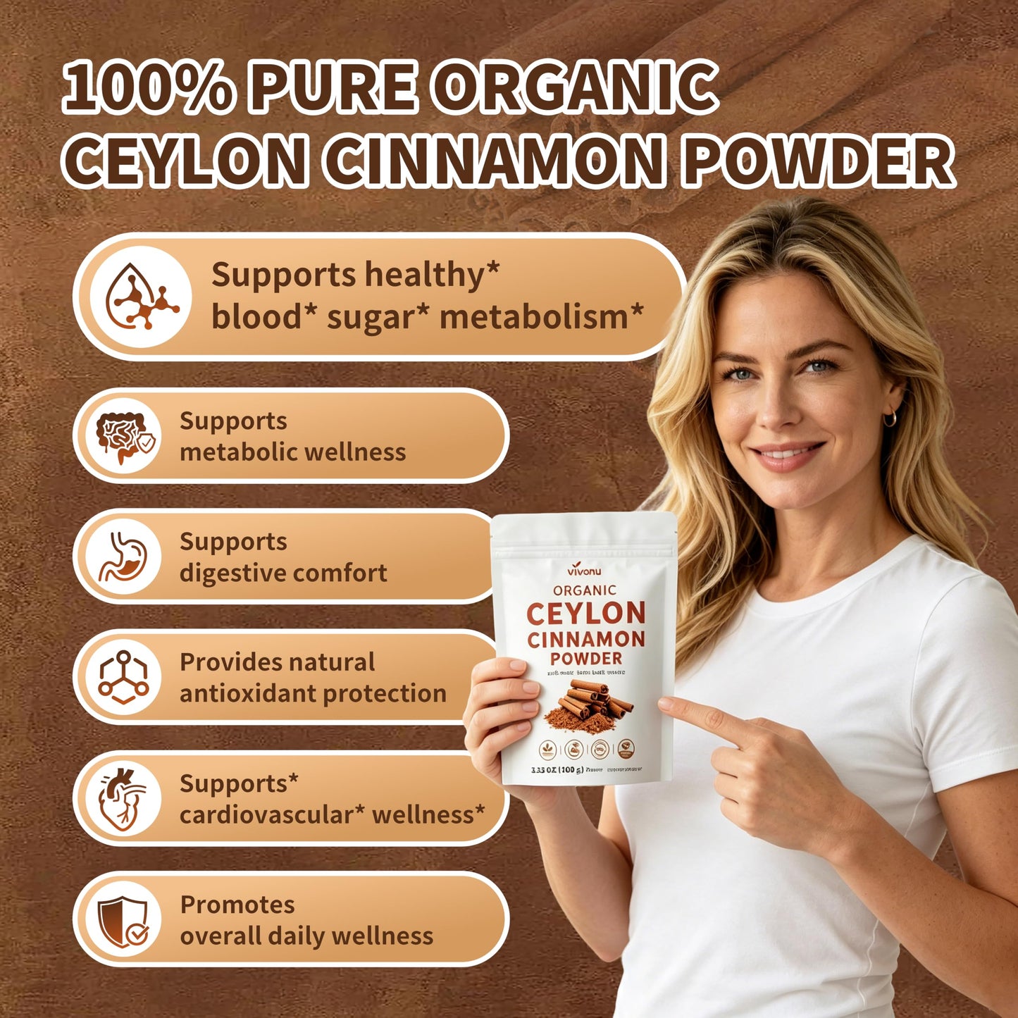 VivoNu Pure Organic Ceylon Cinnamon Powder, Authentic Sri Lankan Inner Bark Source, 1 Ounce