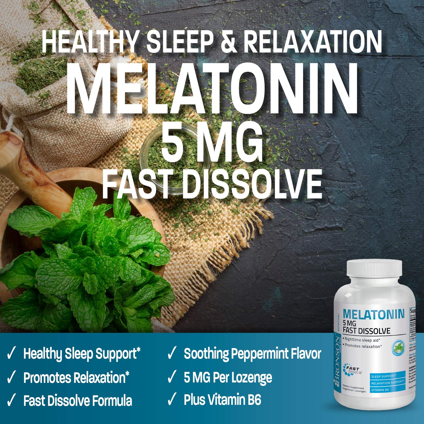 Bronson Melatonin 5mg Fast Dissolve Peppermint Lozenges with Vitamin B6, 360 Count