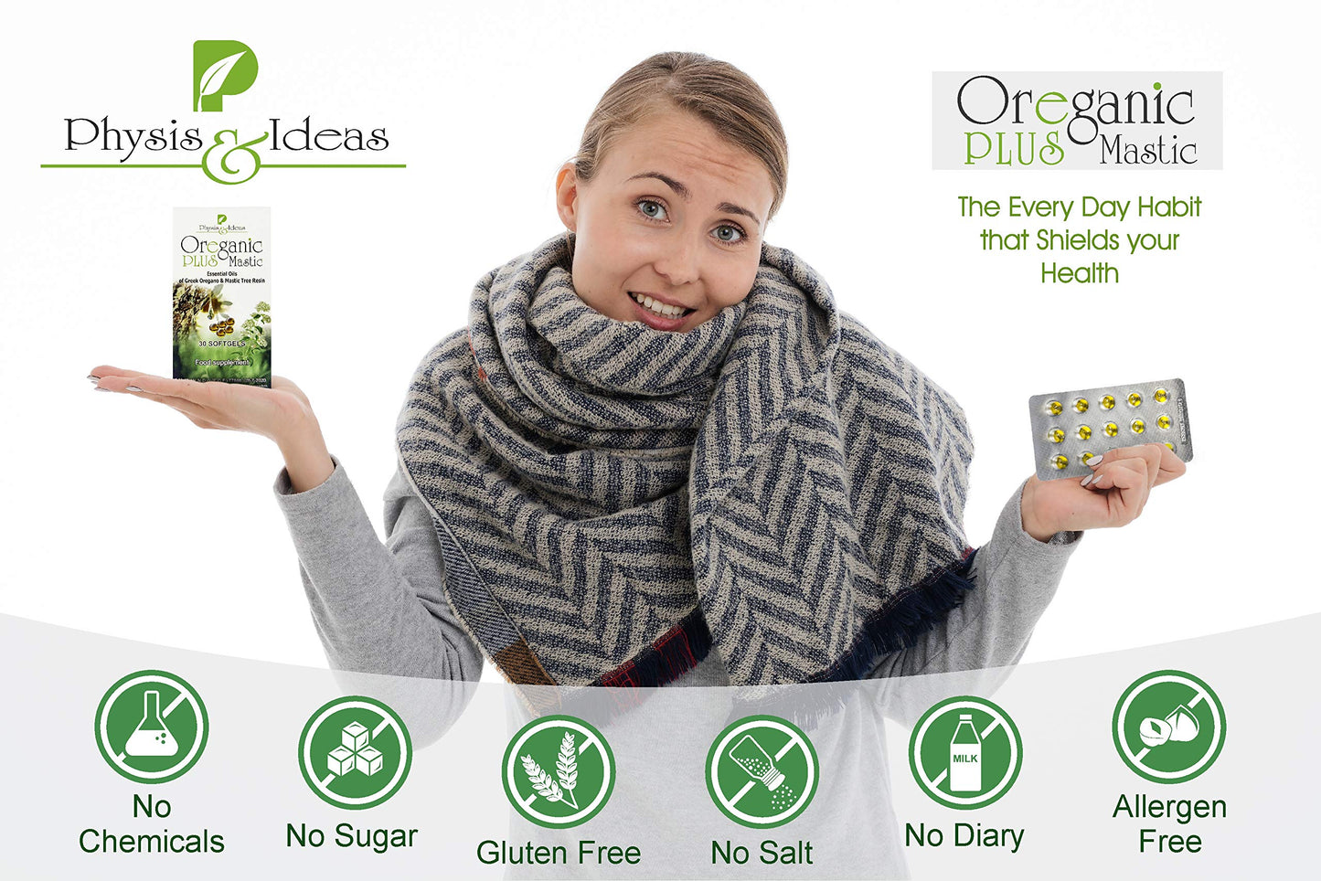 Physis & Ideas Oreganic Plus Mastic Oregano Essential Oil Capsules & Chios Mastic Gum Oil Wild Oregano Softgels Organic Non-GMO 30 Count