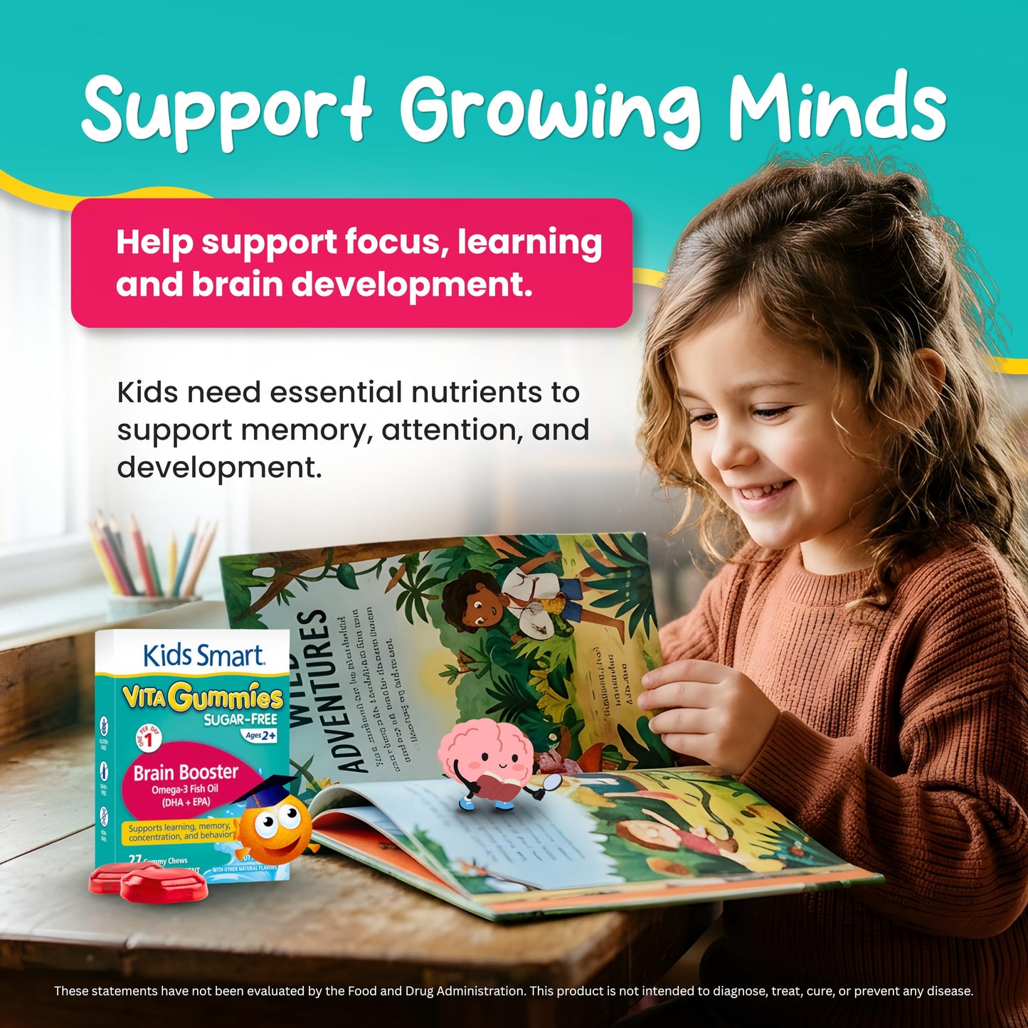 KIDS SMART Brain Booster Omega-3 DHA EPA Gummies Chewable 27 Count