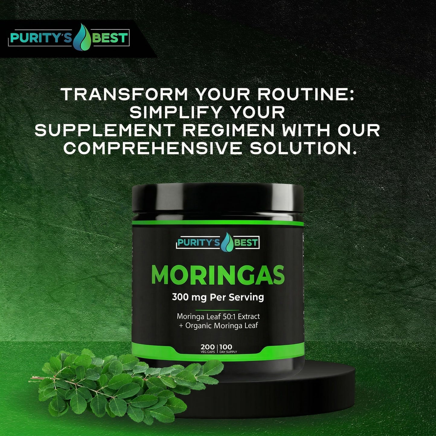 Purity's Best Moringas 50:1 Extract, Concentrated 300 mg Formula with Organic Moringa Leaf, Supports Healthy Energy and Immune Function, 200 Veggie Capsules