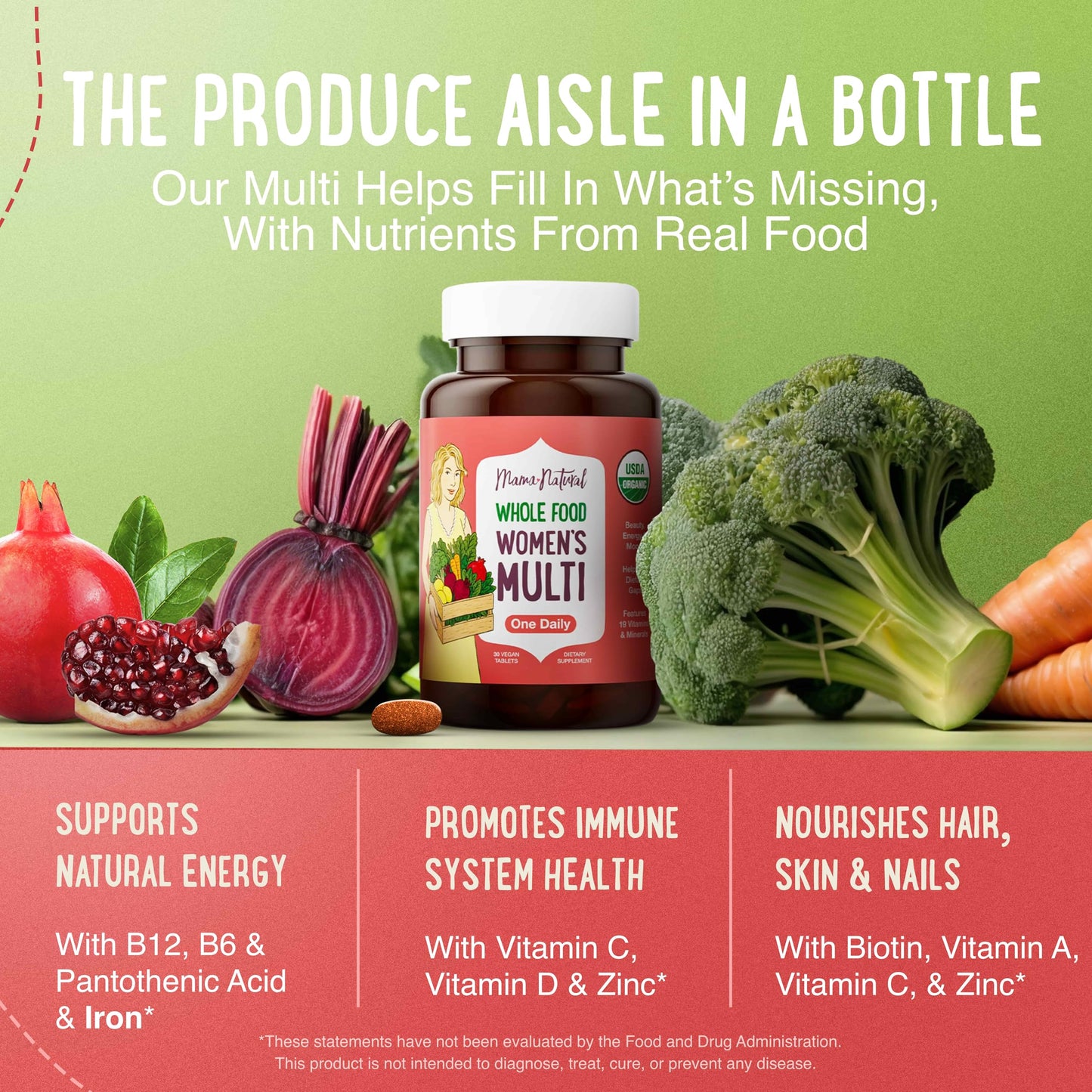Mama Natural Organic Women's Multivitamin - Whole Food Based, 1 A Day Vegan Tablets, 30 Count