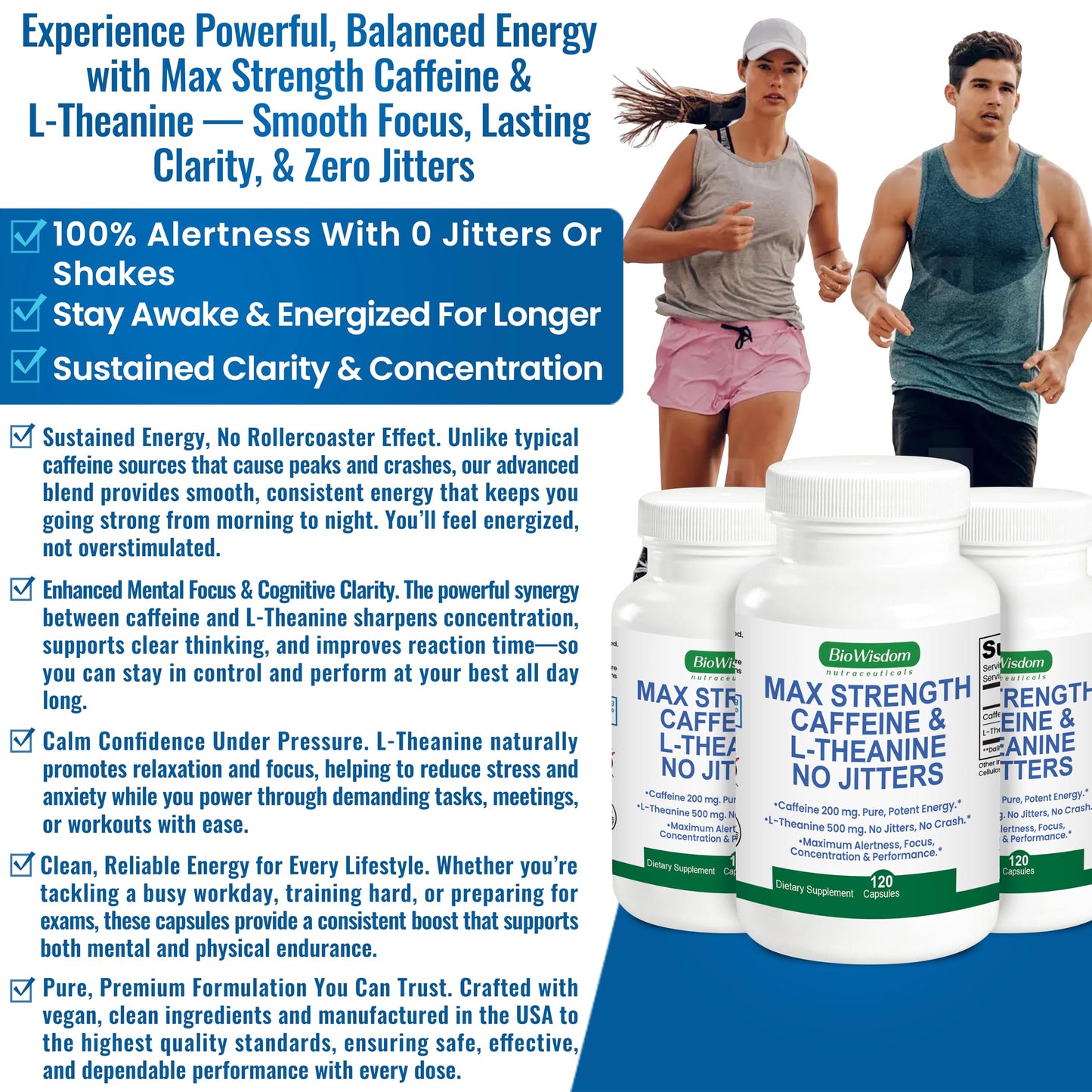 BioWisdom Nutraceuticals Max Strength Caffeine L-Theanine Capsules, 60 Count