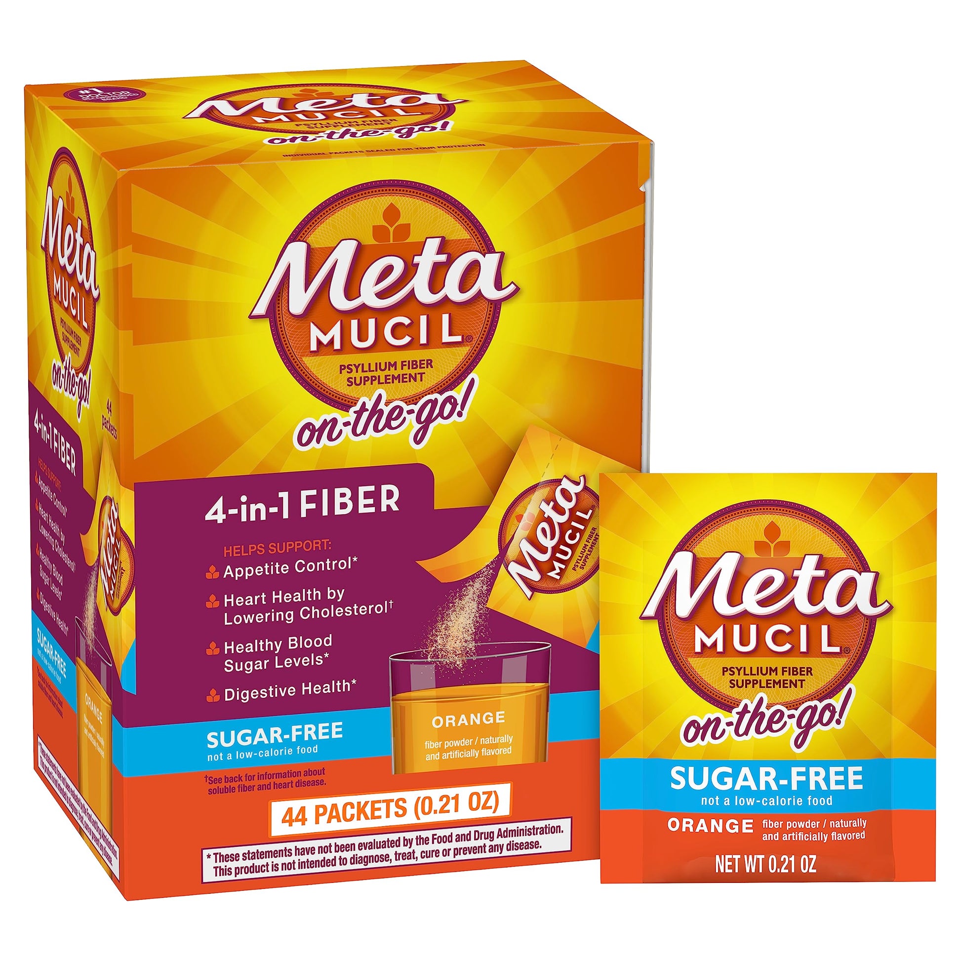 Metamucil On-The-Go Daily Psyllium Husk Powder Supplement, Sugar-Free Orange Flavor, 9.2 Ounce