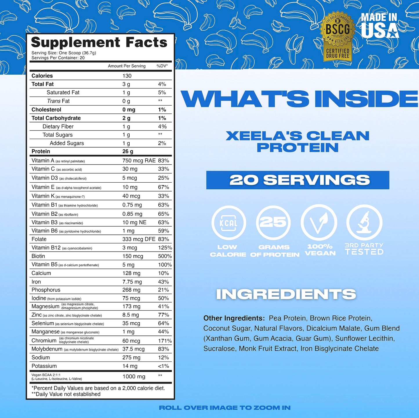 XEELA Plant Based Vegan Protein Powder Banana Split, 1.62 lb