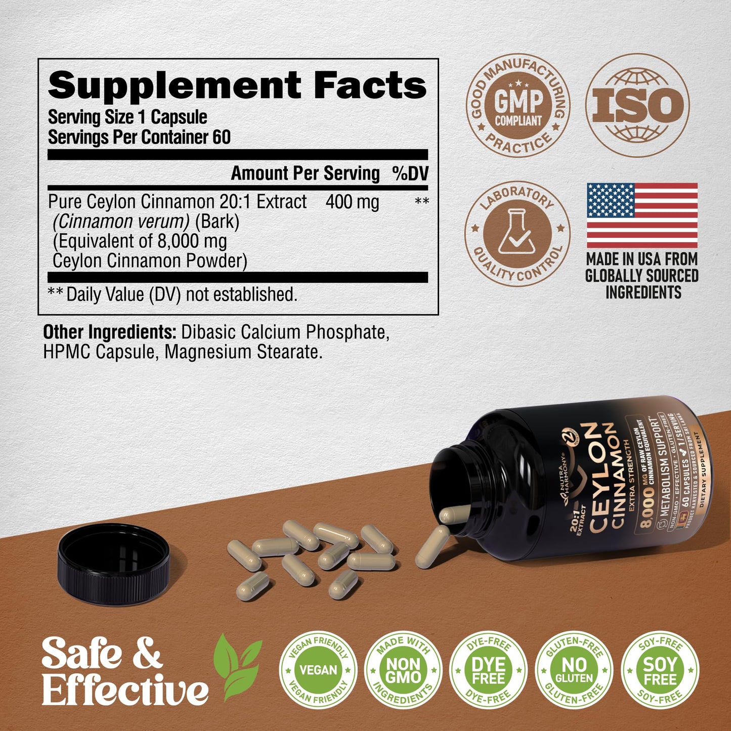 Ceylon Cinnamon Capsules - Extra Strength - Energy Heart & Metabolism Support for Men & Women - Pure Natural Cinnamon 20:1 Extract Supplement - GMO & Gluten Free - Made in USA - 60 Capsules 2 Month