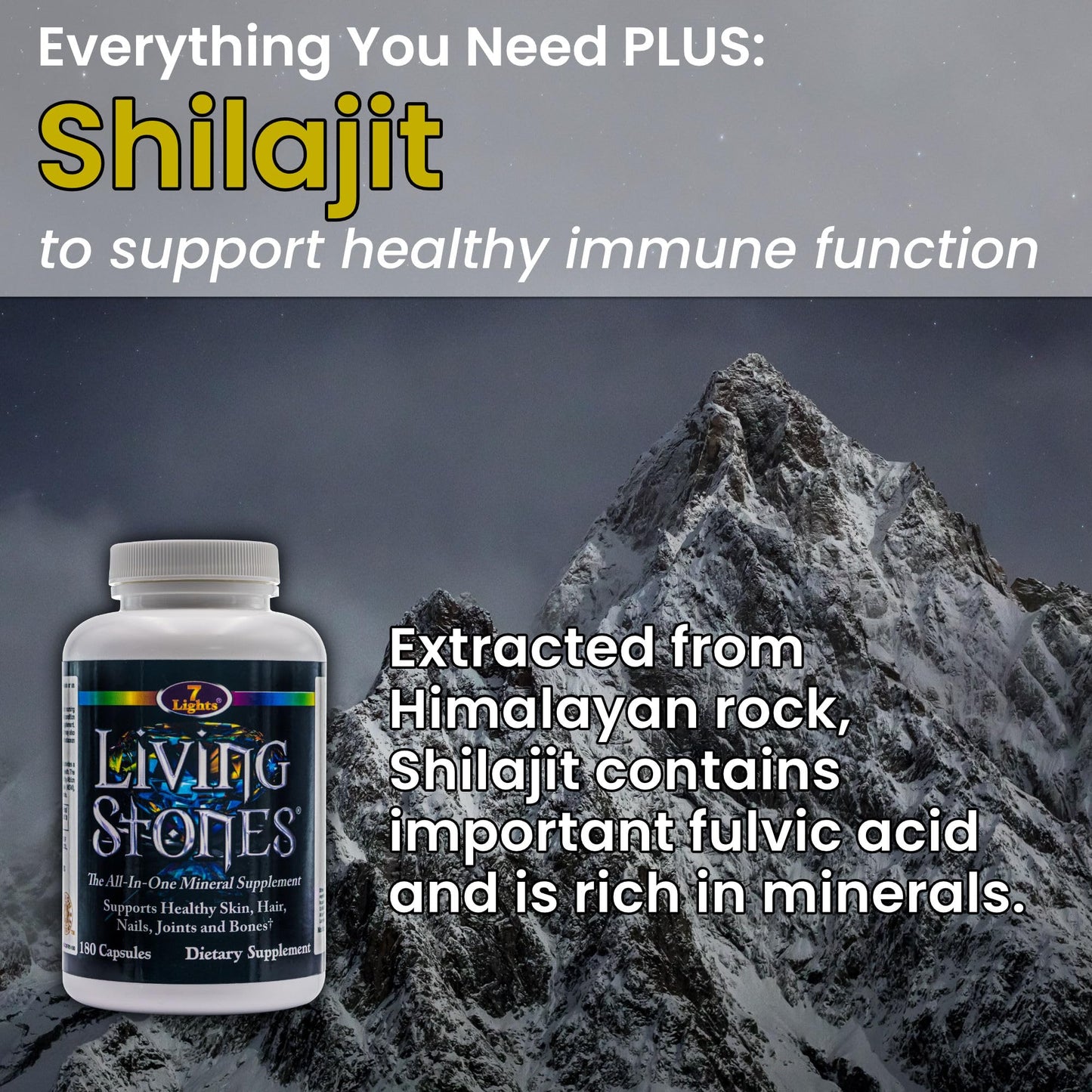 7 Lights Living Stones Complete Mineral Supplement with Zinc, Calcium, Magnesium, Selenium, Trace Minerals, No Added Iron, with MSM (Organic Sulfur) and Shilajit, Premium Absorption, 180 Capsules