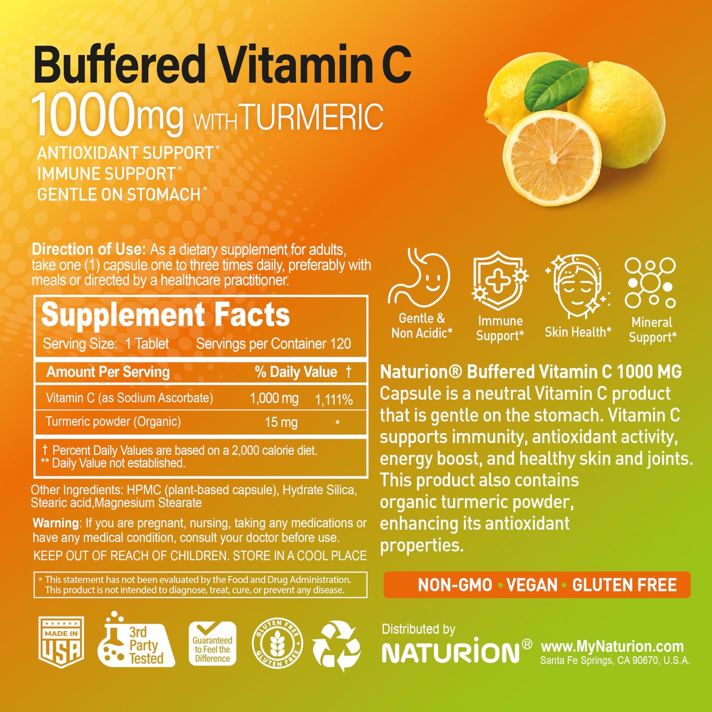 NATURION Buffered Vitamin C 1000 mg with Organic Turmeric Capsule, 120 Count