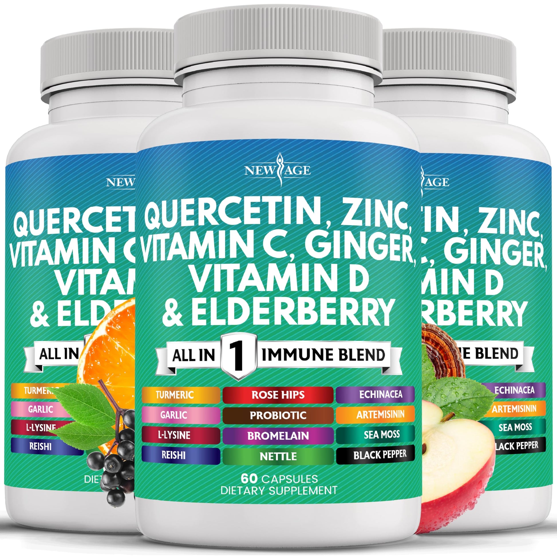 NEW AGE Quercetin Zinc Vitamin C Vitamin D Bromelain Elderberry Nettle Supplement with Artemisinin Sea Moss Echinacea Capsules 180 Count