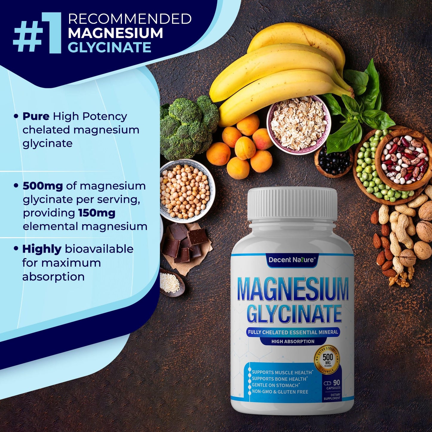 DECENT NATURE Magnesium Glycinate 500mg Magnesium Supplement - Chelated for High Absorption & Bioavailability, Vegan Non-GMO, 90 Capsules