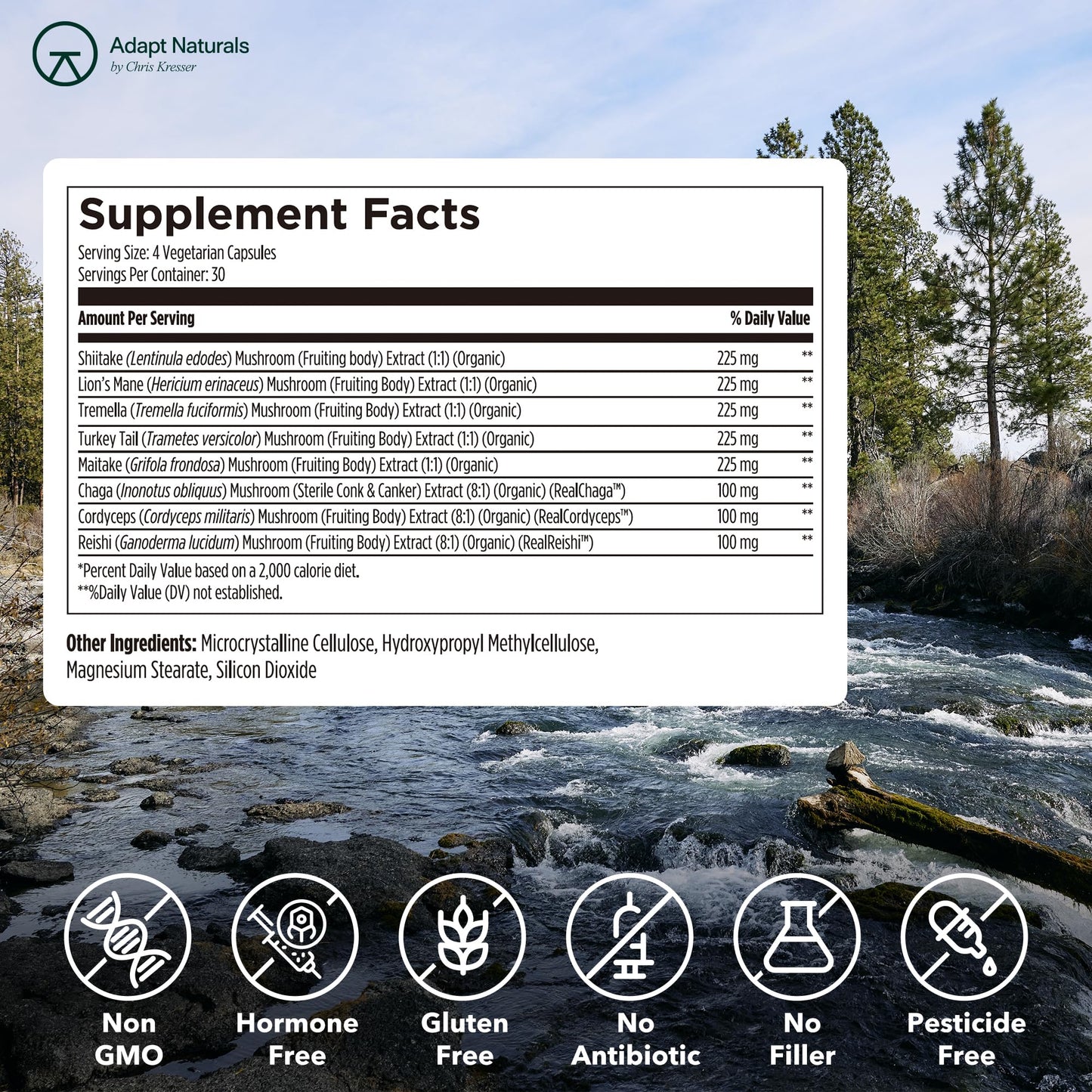 Adapt Naturals by Chris Kresser Bio-Avail Myco 8-in-1 Bioavailable Mushroom Complex (Chaga, Cordyceps, Reishi, Lion's Mane) Capsules 120 Count